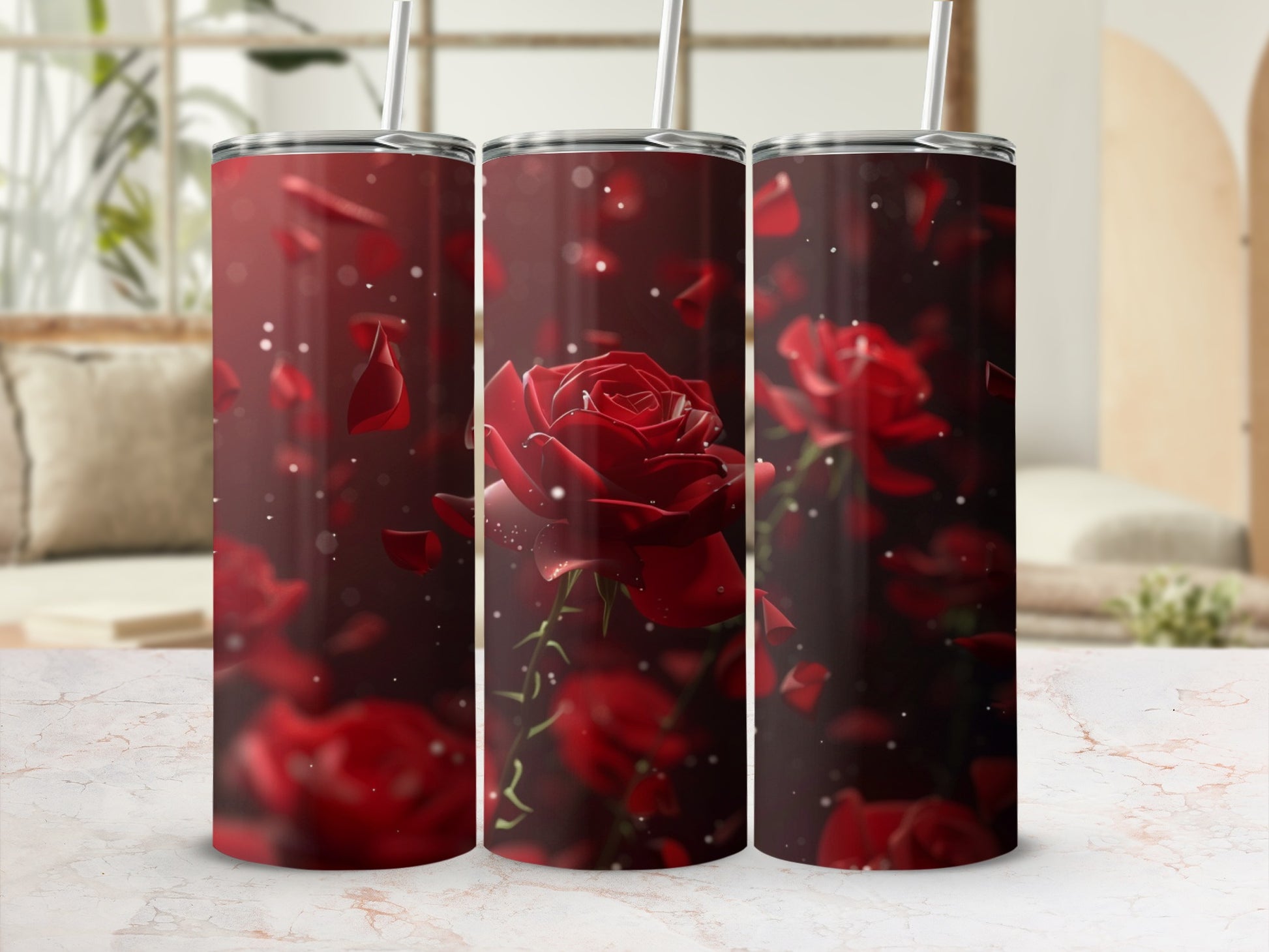 Red roses and petals on a dark background, featured on three tumblers.