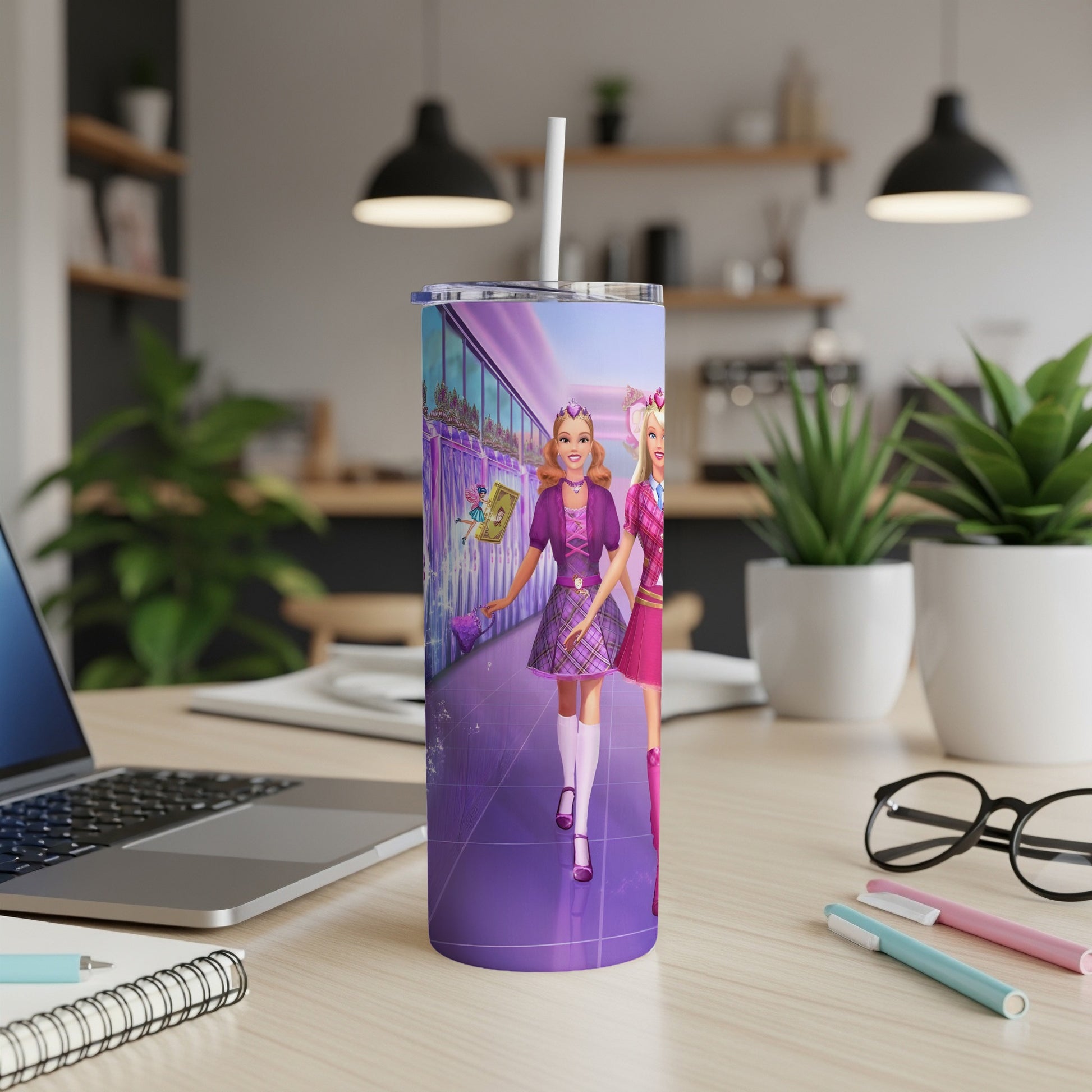 Barbie graphic on a purple tumbler with a straw.