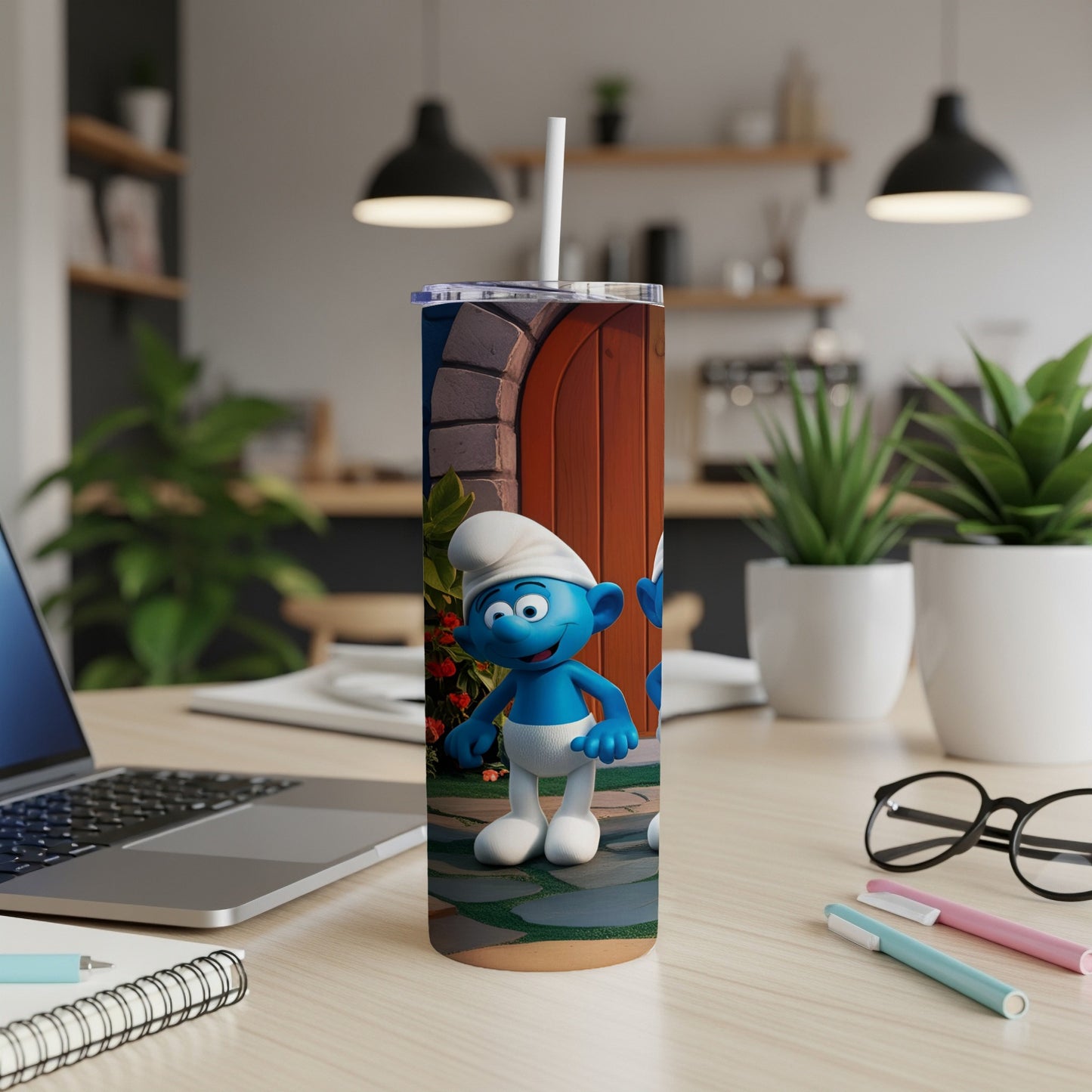 Smurf character standing outside a rustic door with a white straw in his hand.