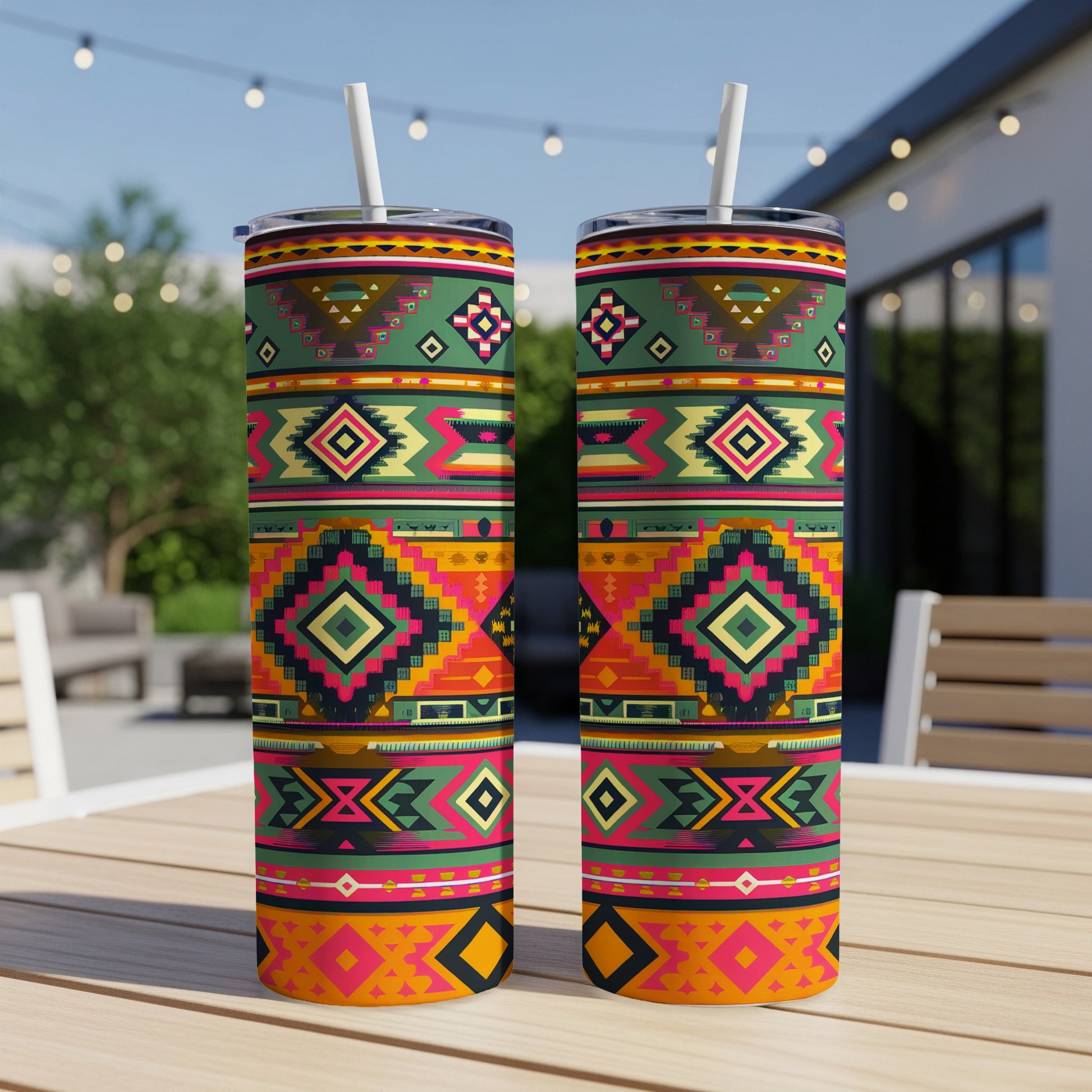 Two tumblers with a colorful geometric tribal pattern on a wooden table.
