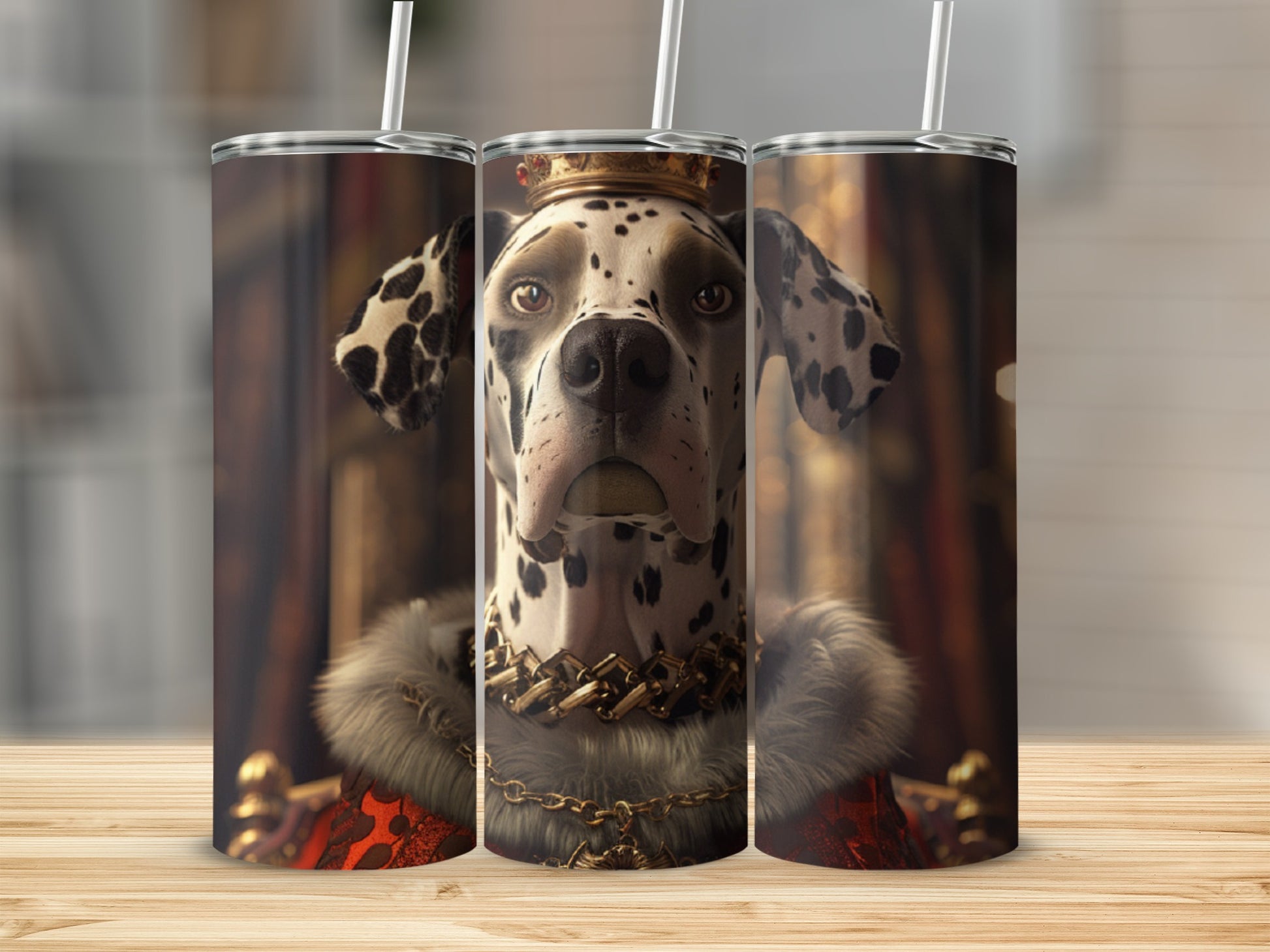 Dalmatian wearing a crown and fur collar, regal portrait.