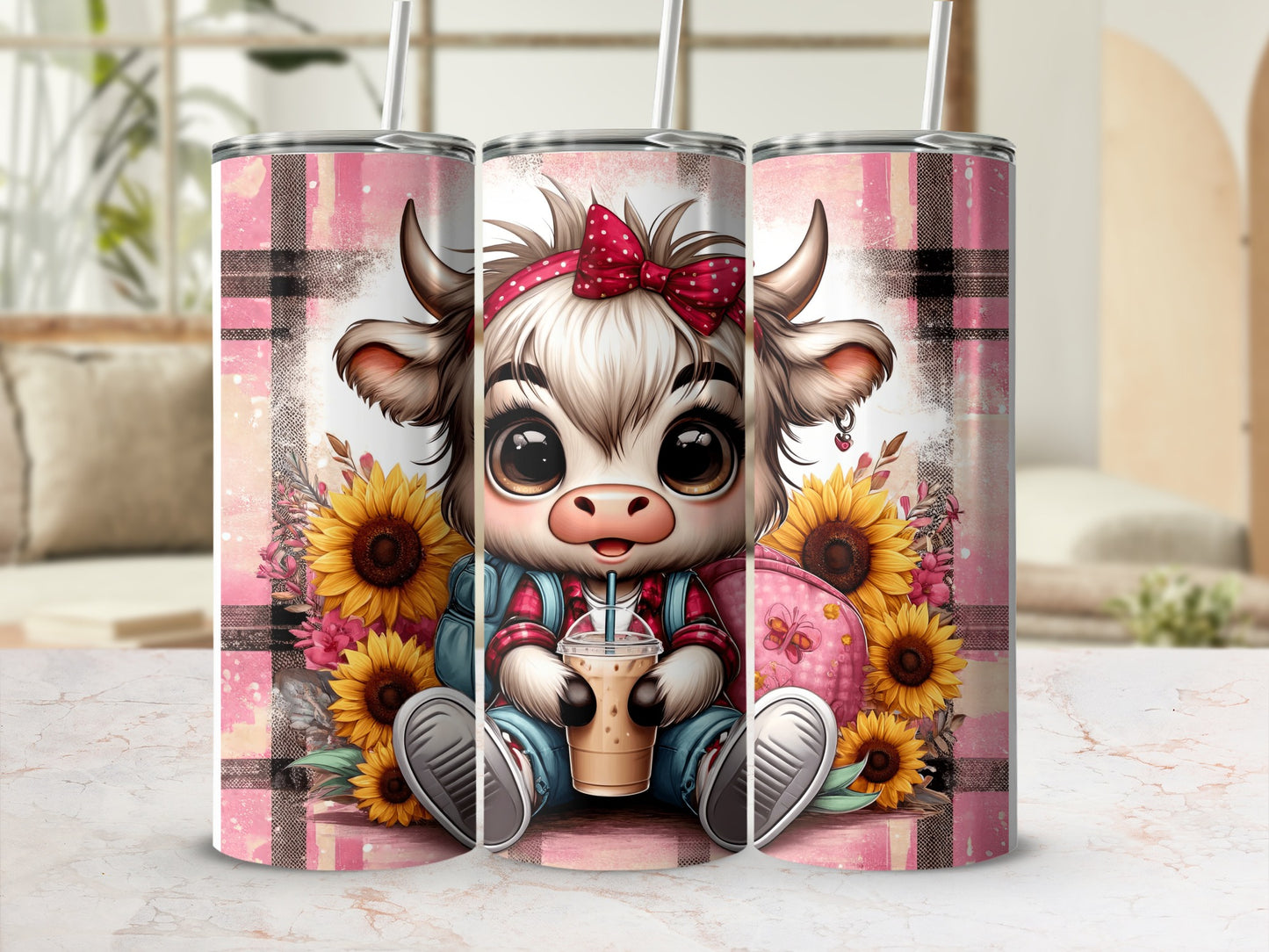 Cute cartoon cow with coffee cup, sunflowers, and plaid pattern.