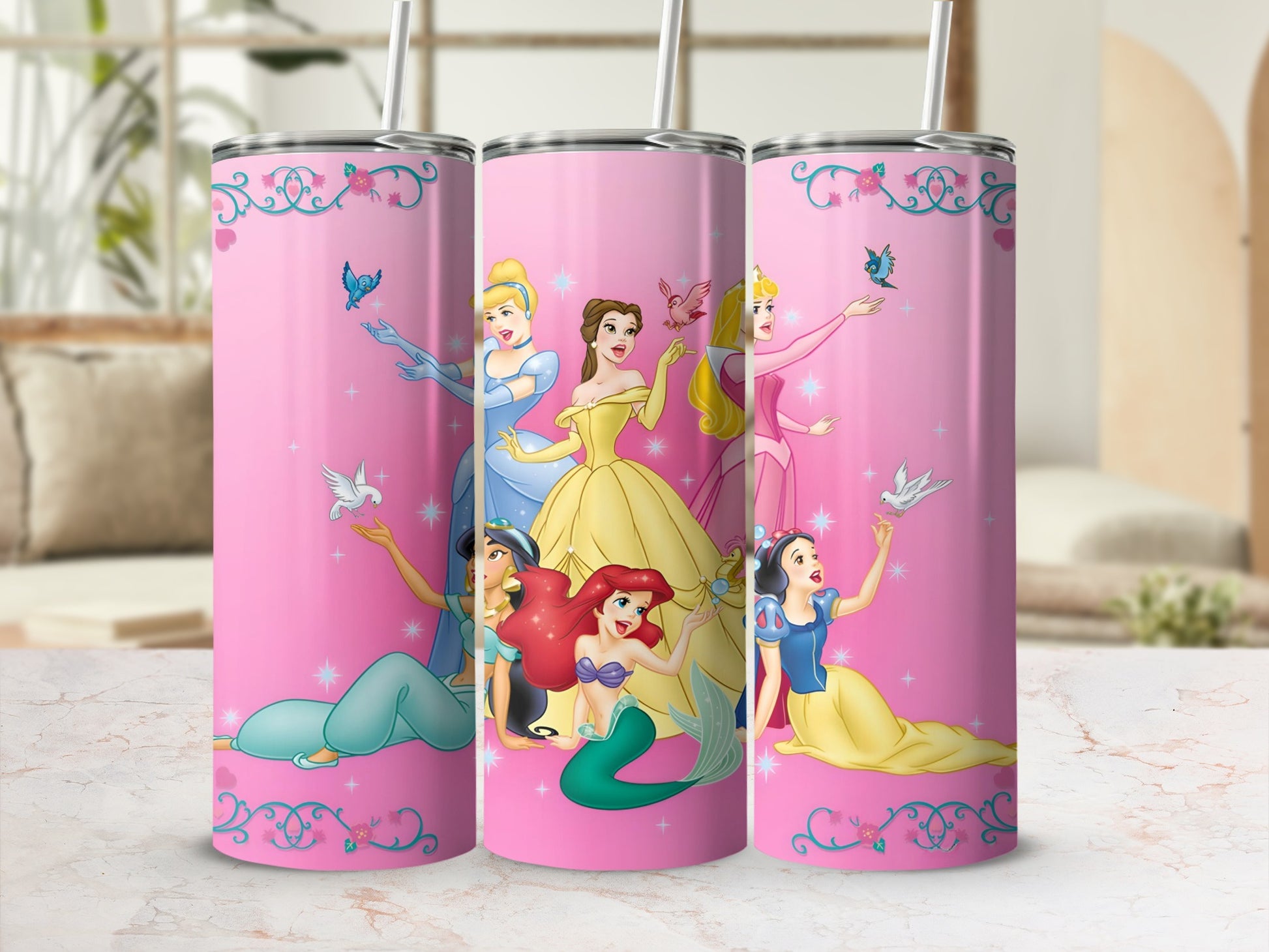 Enchanting Princesses with Pink Background Tumbler