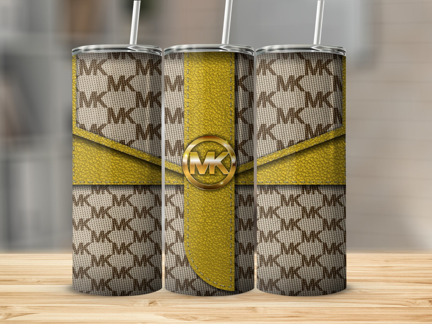Stylish MK Pattern Yellow Accent Tumbler Cups Set
