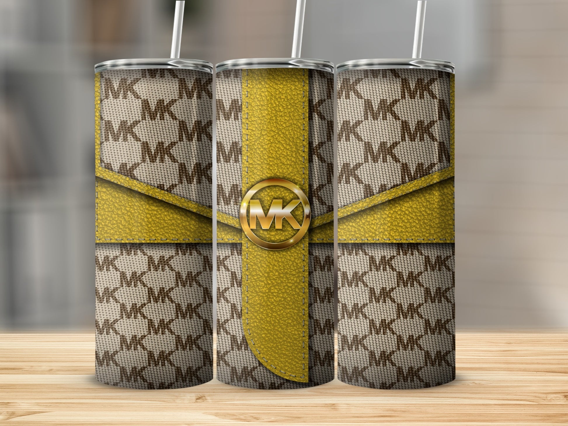 Stylish MK Pattern Yellow Accent Tumbler Cups Set