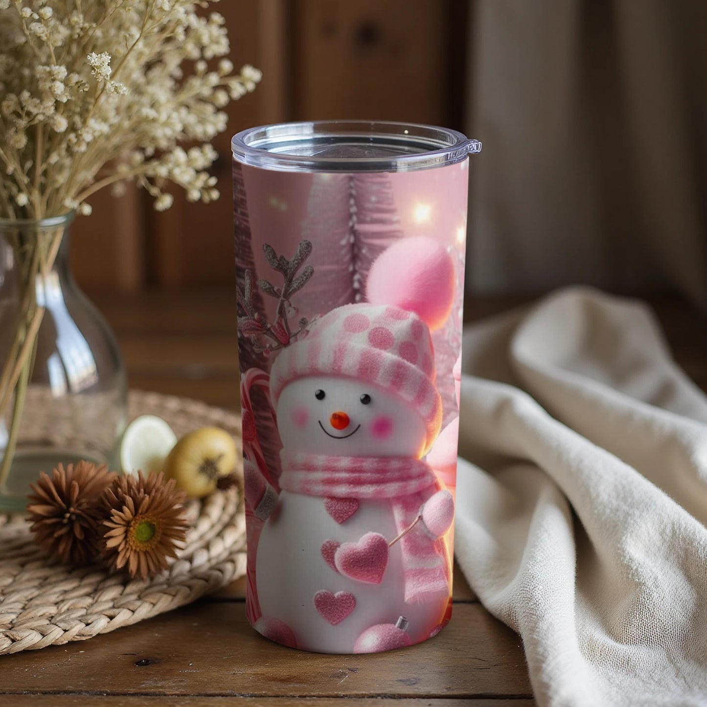 Cute Festive Snowman with Hearts Winter Tumbler