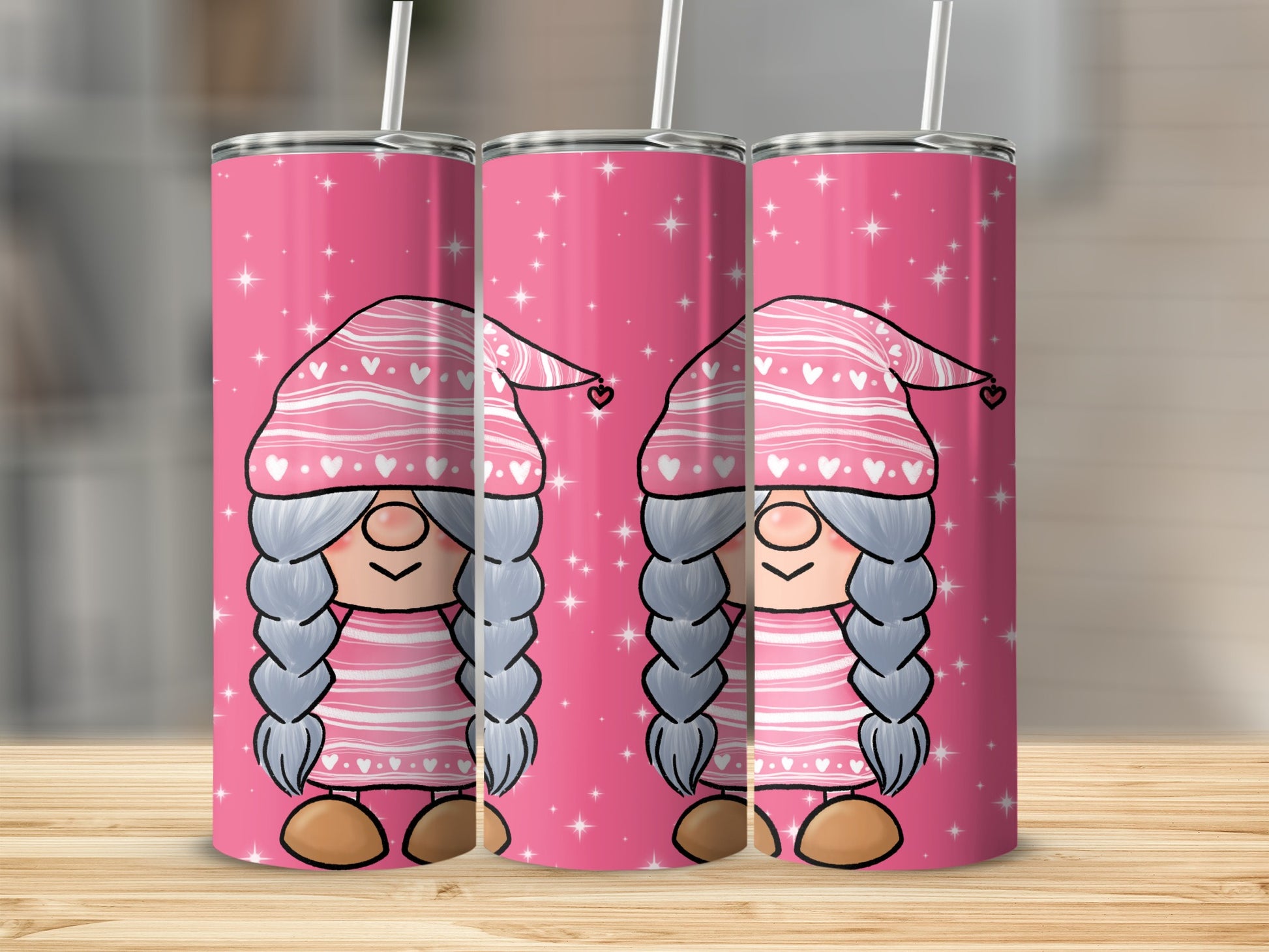 Adorable Pink Gnome With Braided Hair Tumbler Design
