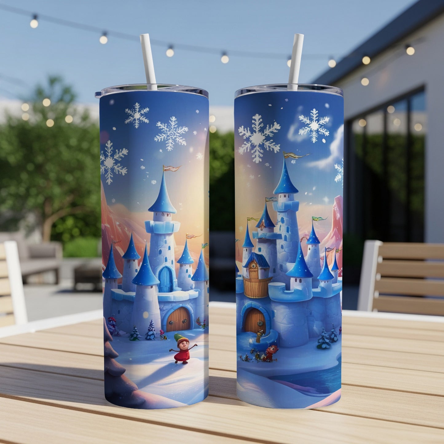 Two tumblers with a blue castle, snowflakes, and winter characters.
