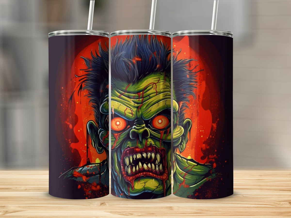 Three tumblers with a detailed illustration of a gruesome green zombie face.