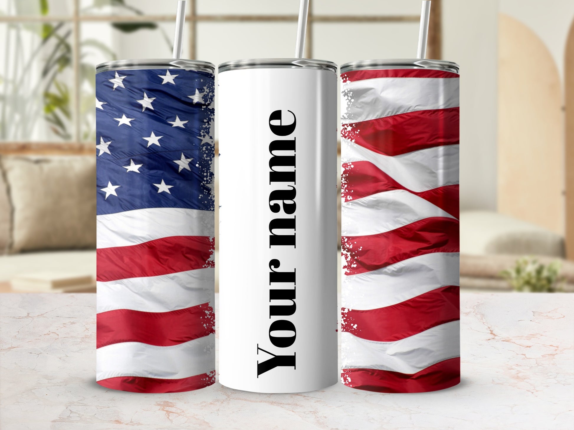 Personalized USA Flag Tumbler with Custom Name Flask