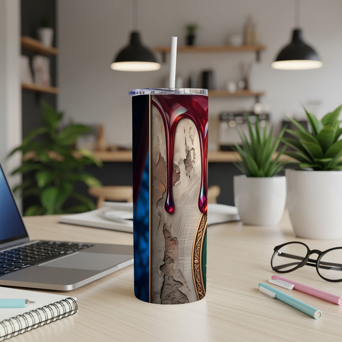 Tumbler with dripping red liquid design and distressed texture, placed on a desk.