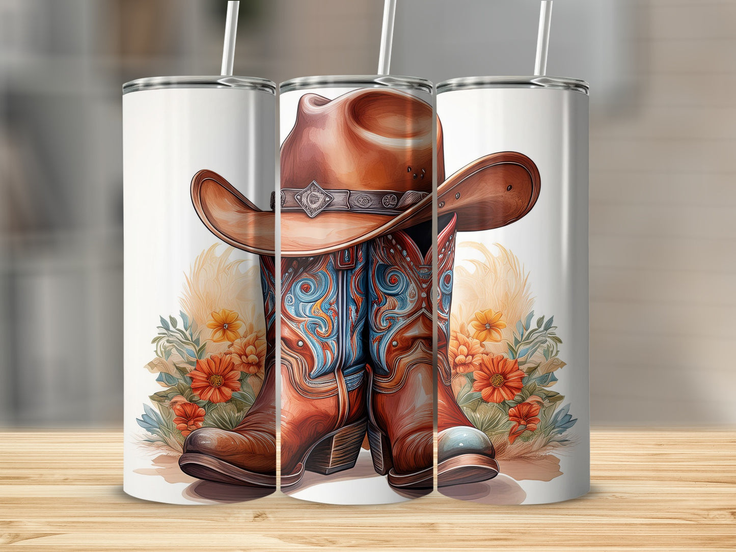 Cowboy hat and boots with floral and grass accents.