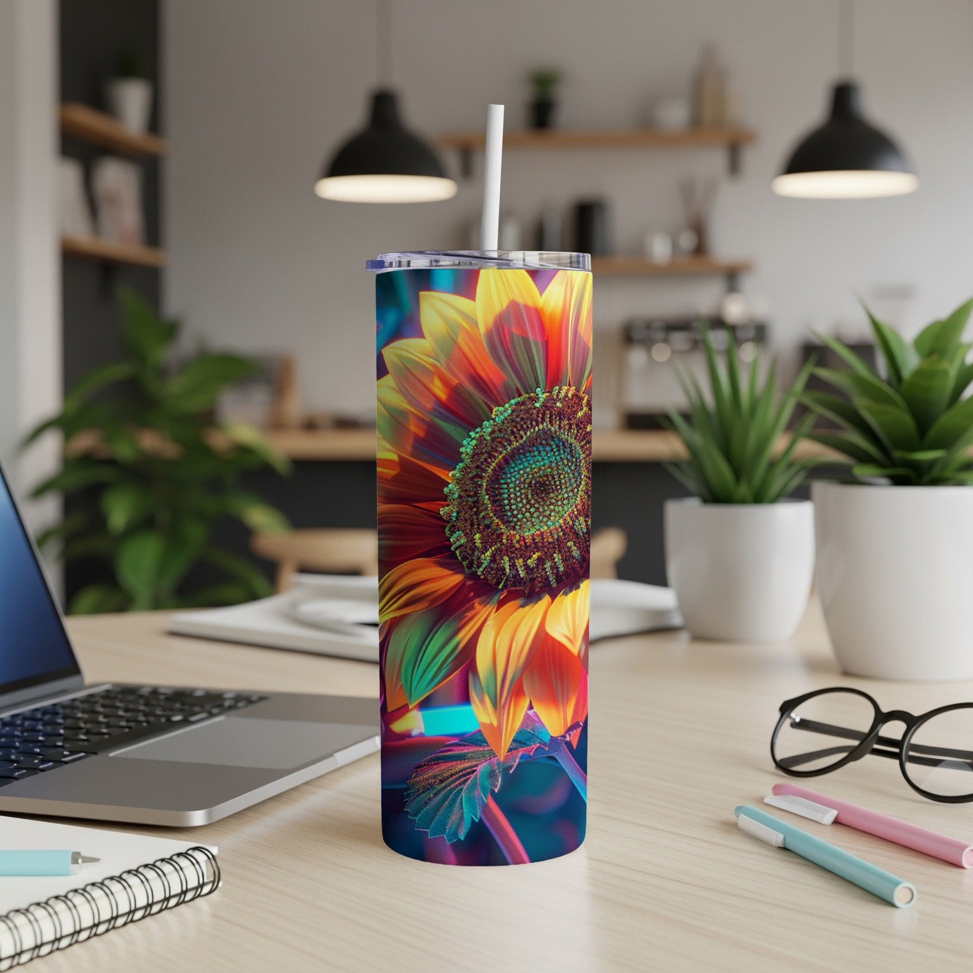 Colorful sunflower tumbler with straw on a desk.