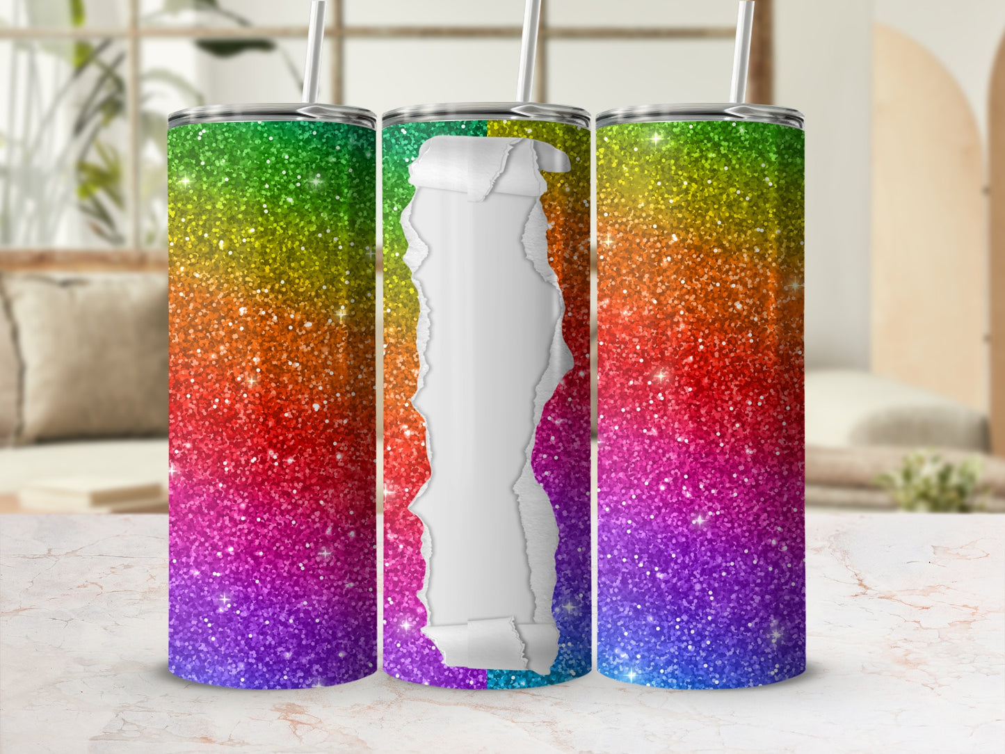 Glitter gradient tumbler with ripped paper overlay.