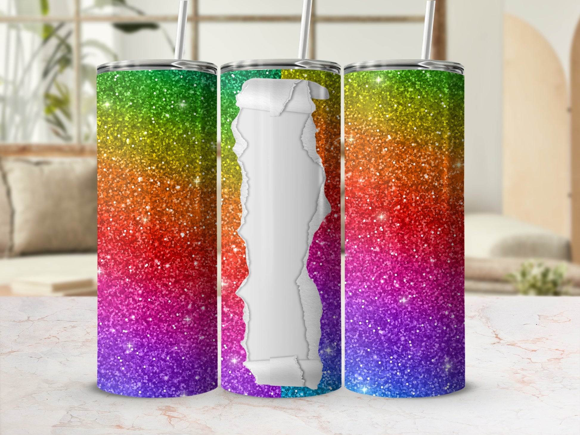Glitter gradient tumbler with ripped paper overlay.