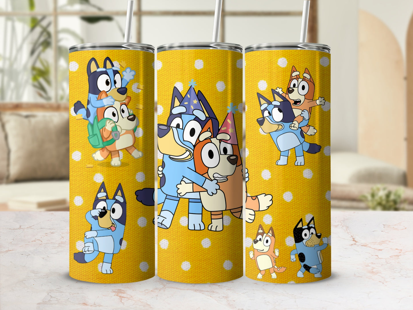 Animated Bluey and Friends Yellow Polka Dot Tumbler