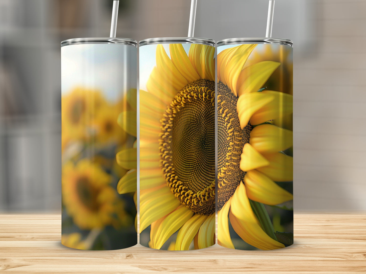 Three tumblers featuring a close-up of a bright yellow sunflower.