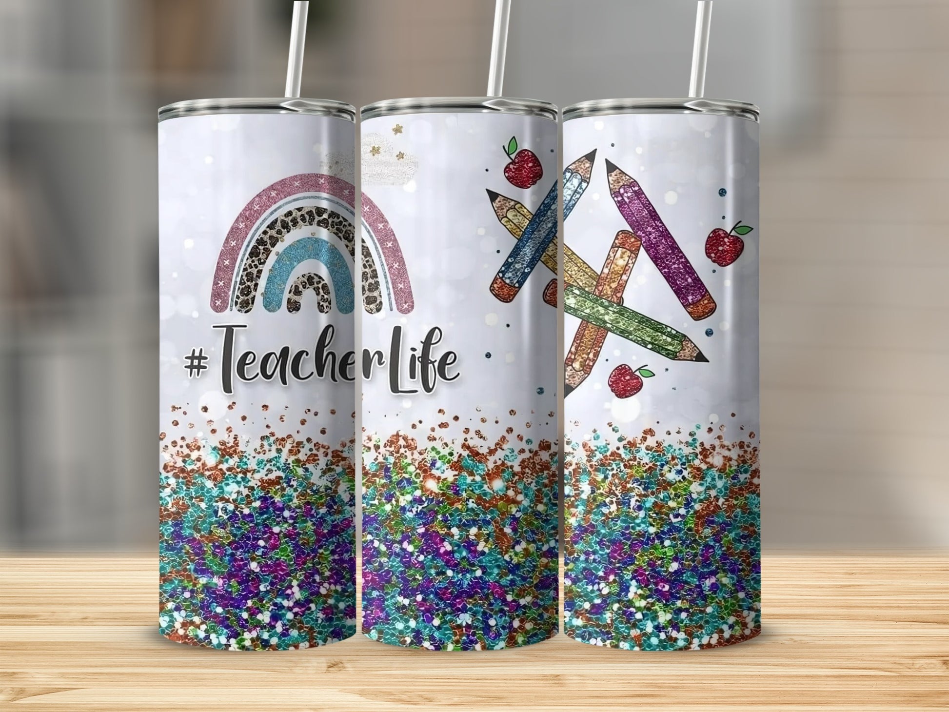 Colorful Glitter Teacher Life Pencils Rainbow Tumbler