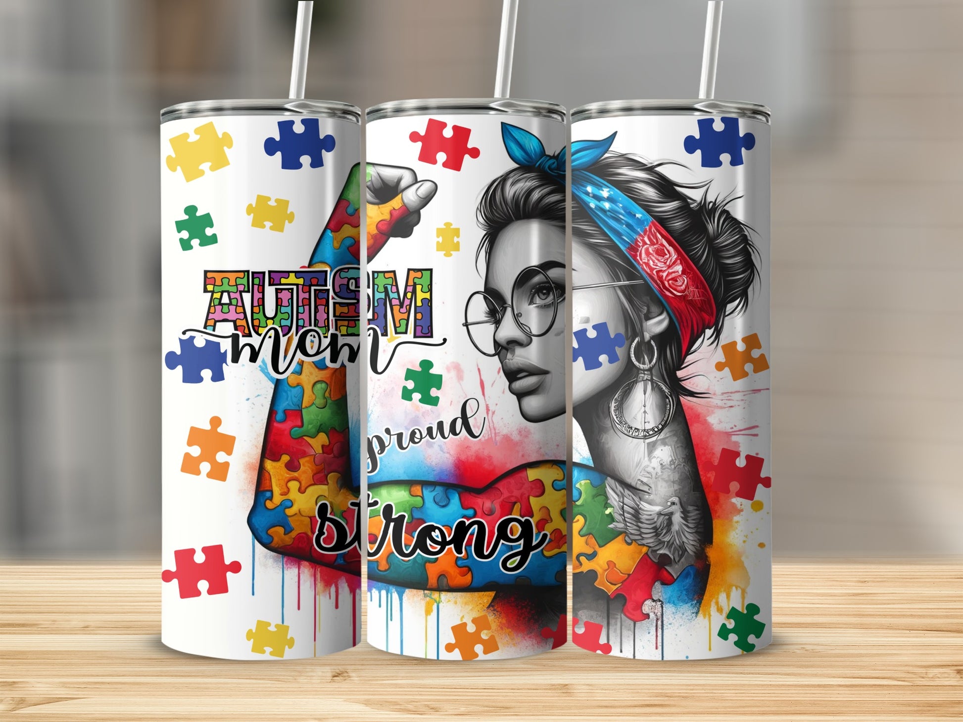 Autism Mom proud strong tumbler with puzzle pieces and woman illustration.