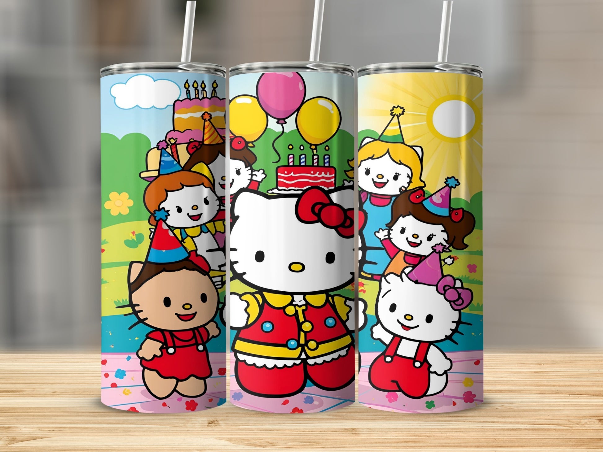 Hello Kitty birthday party illustration on three tumblers.