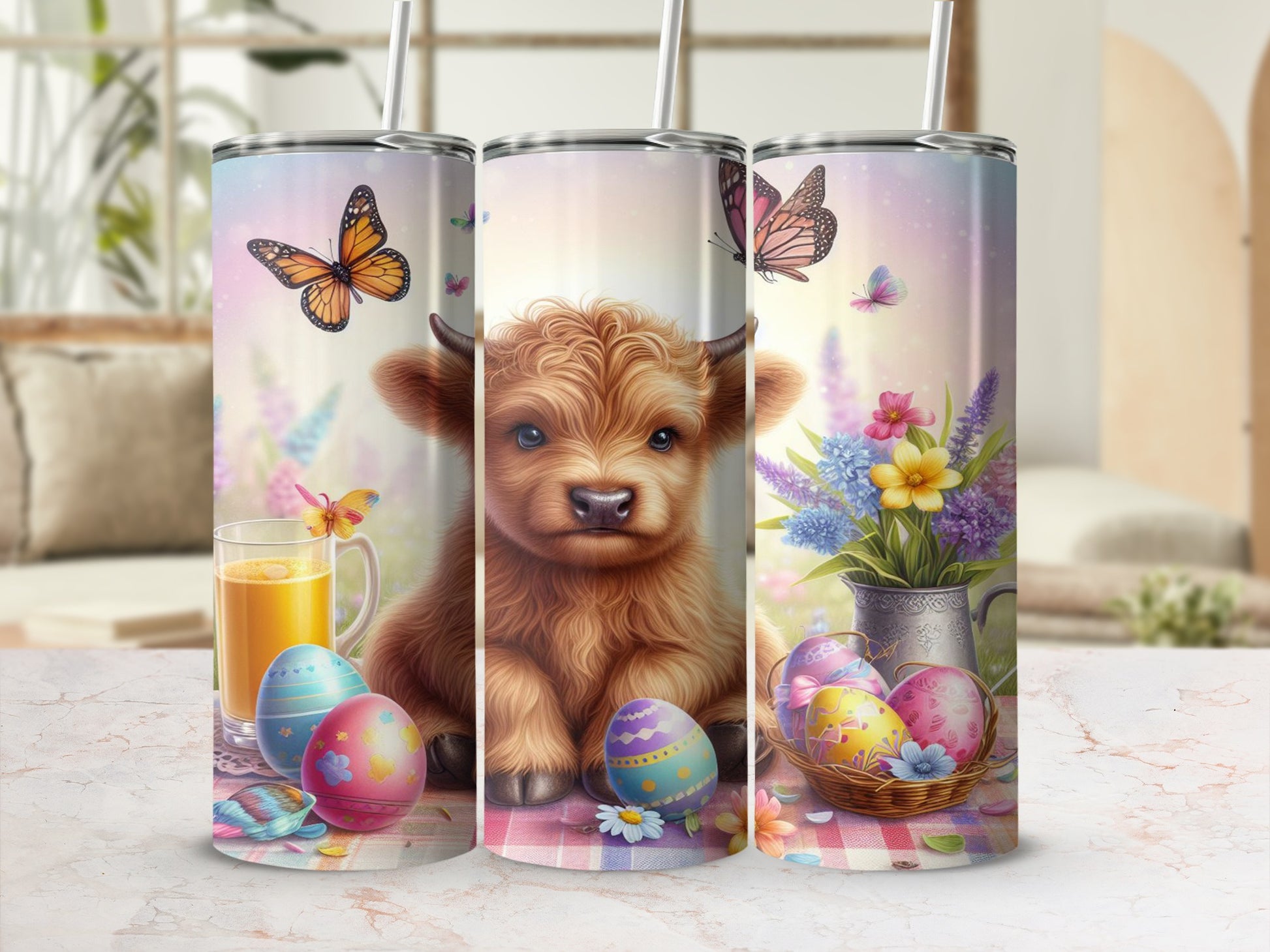 Highland cow cub with Easter eggs and spring flowers.