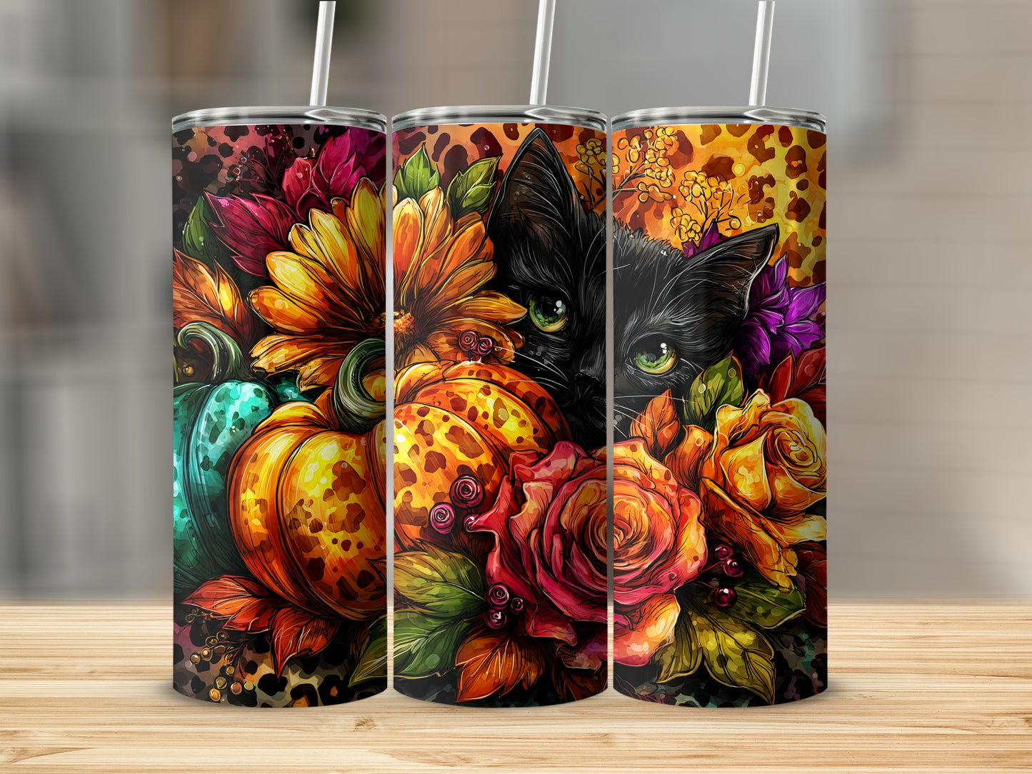 Bright Colorful Tumbler with Flowers and Cat