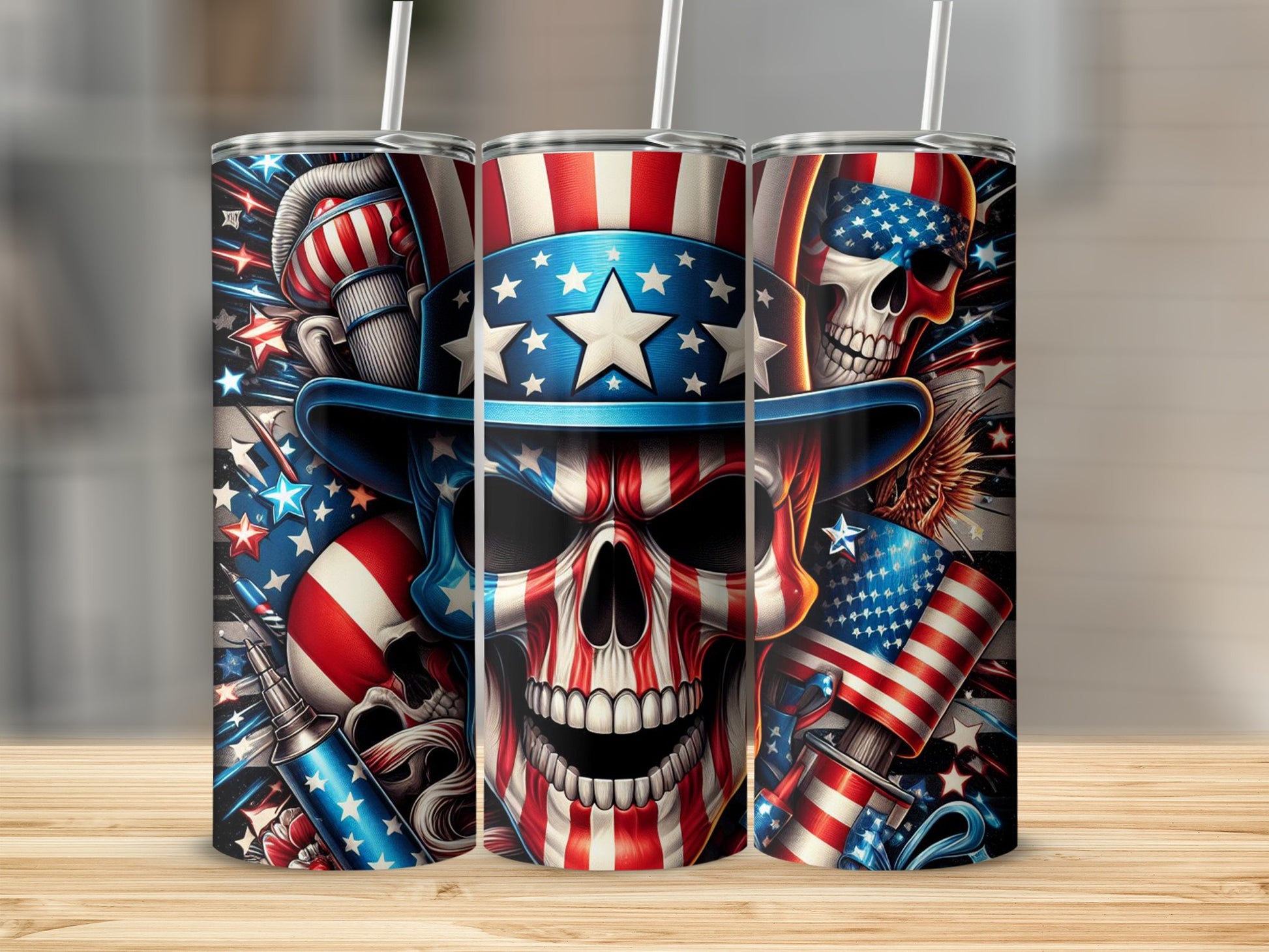 Skull with patriotic hat, flags, and stars on a tumbler.