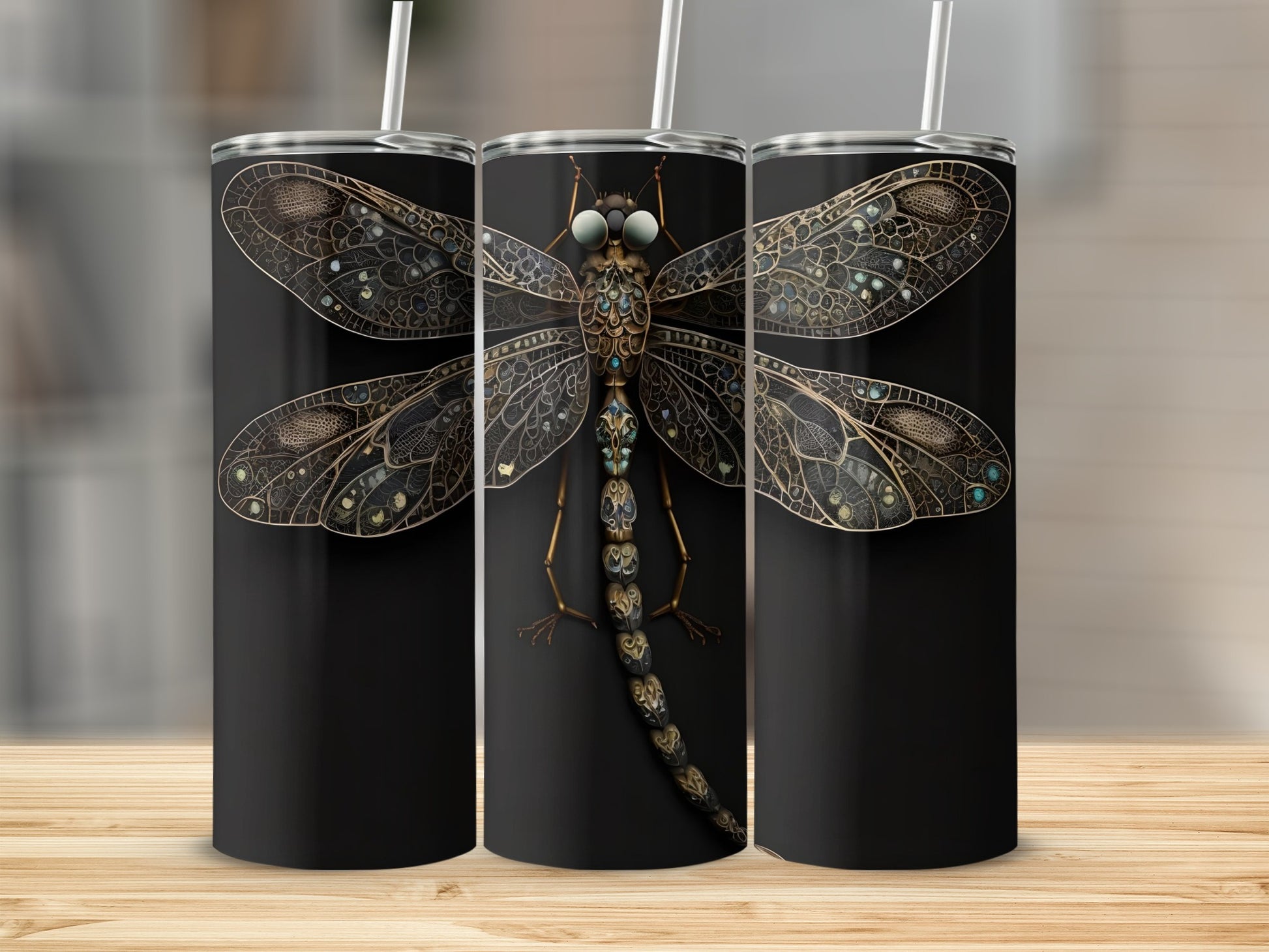 Intricate Steampunk Dragonfly Design Tumbler Cup