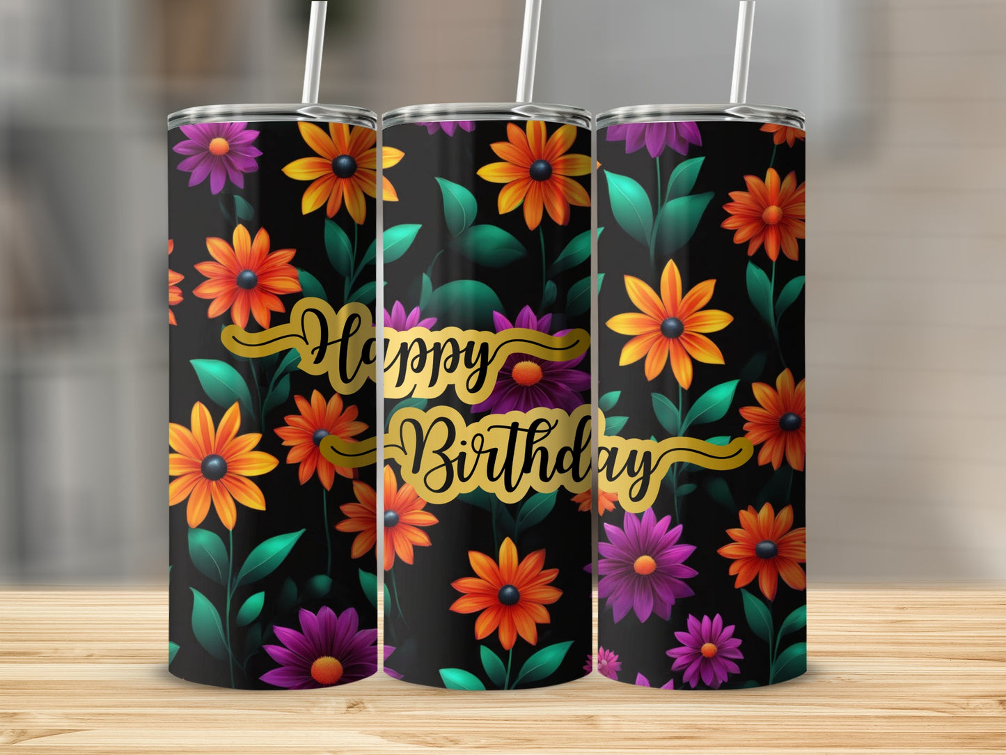 Tumbler with black background, colorful flowers, and "Happy Birthday" text.