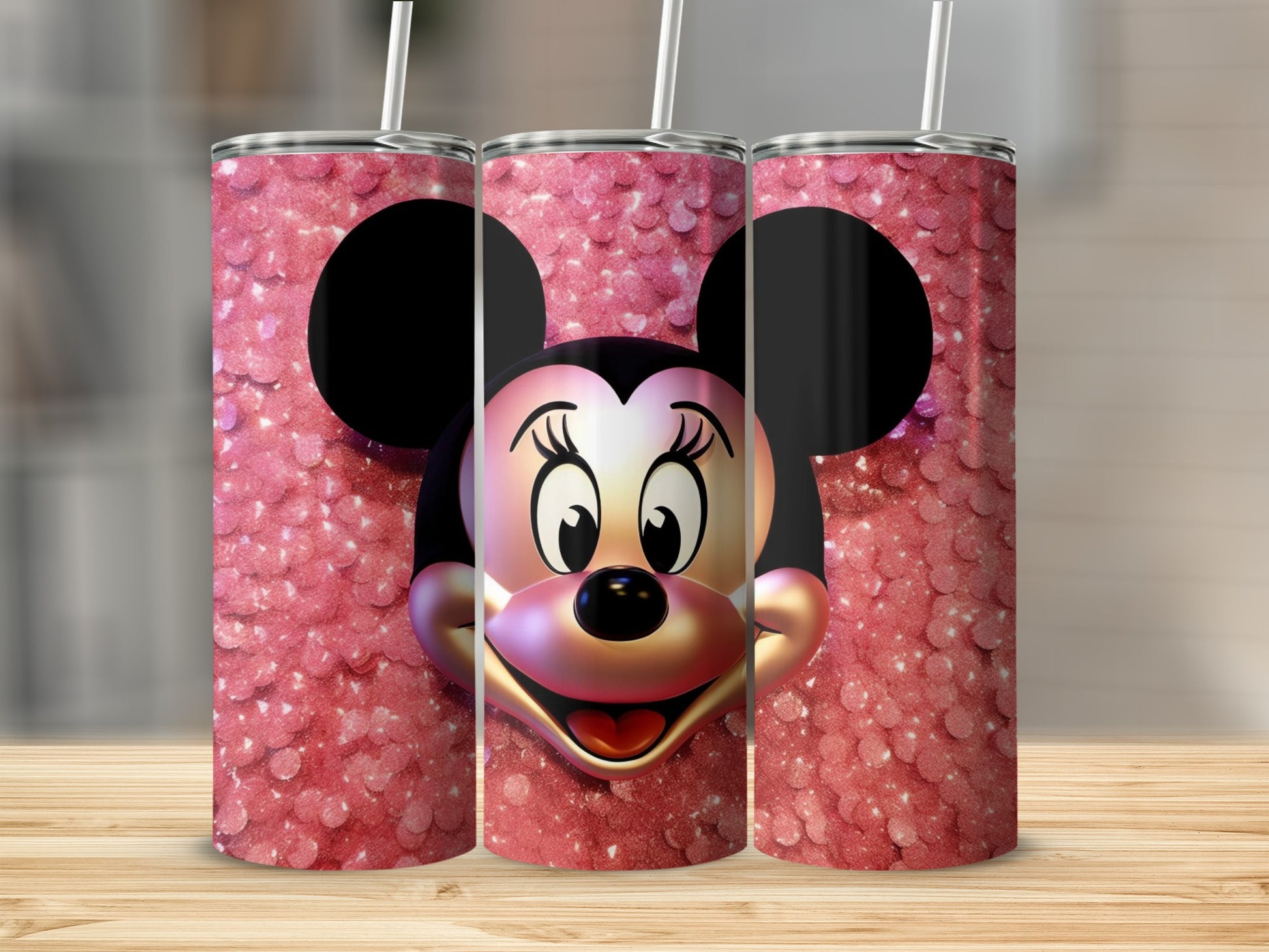 Pink Mickey Mouse Tumbler with Straw and Glitter Design