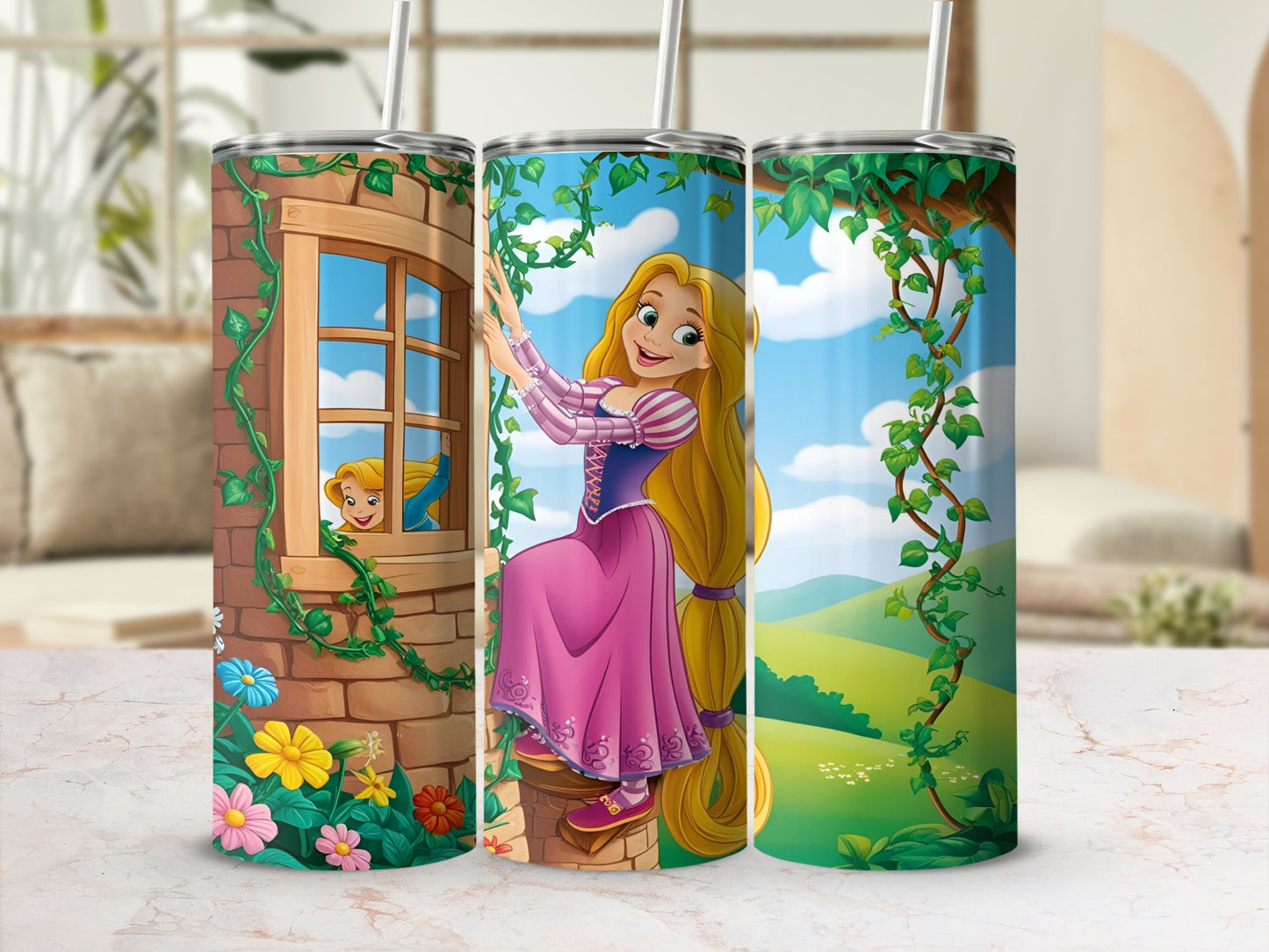 Rapunzel climbs tower with vines and flowers, blue sky background.