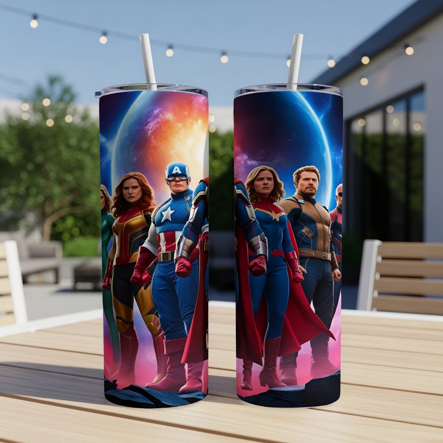 Marvel superheroes Captain America, Captain Marvel, and others against a cosmic backdrop.