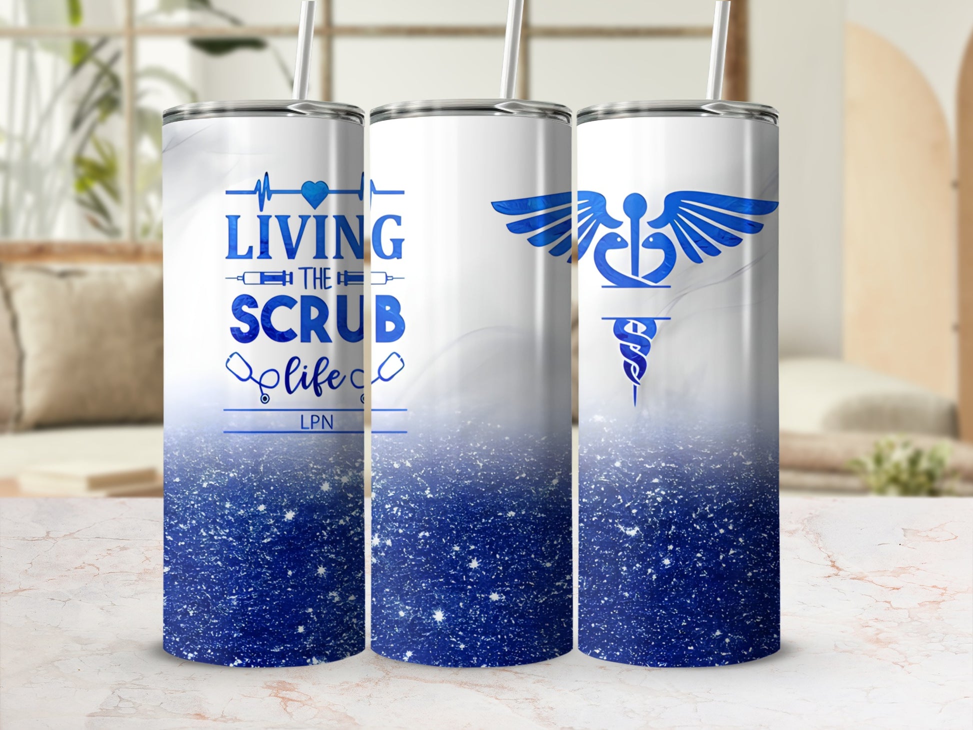 Three tumblers with glitter and medical caduceus symbols.