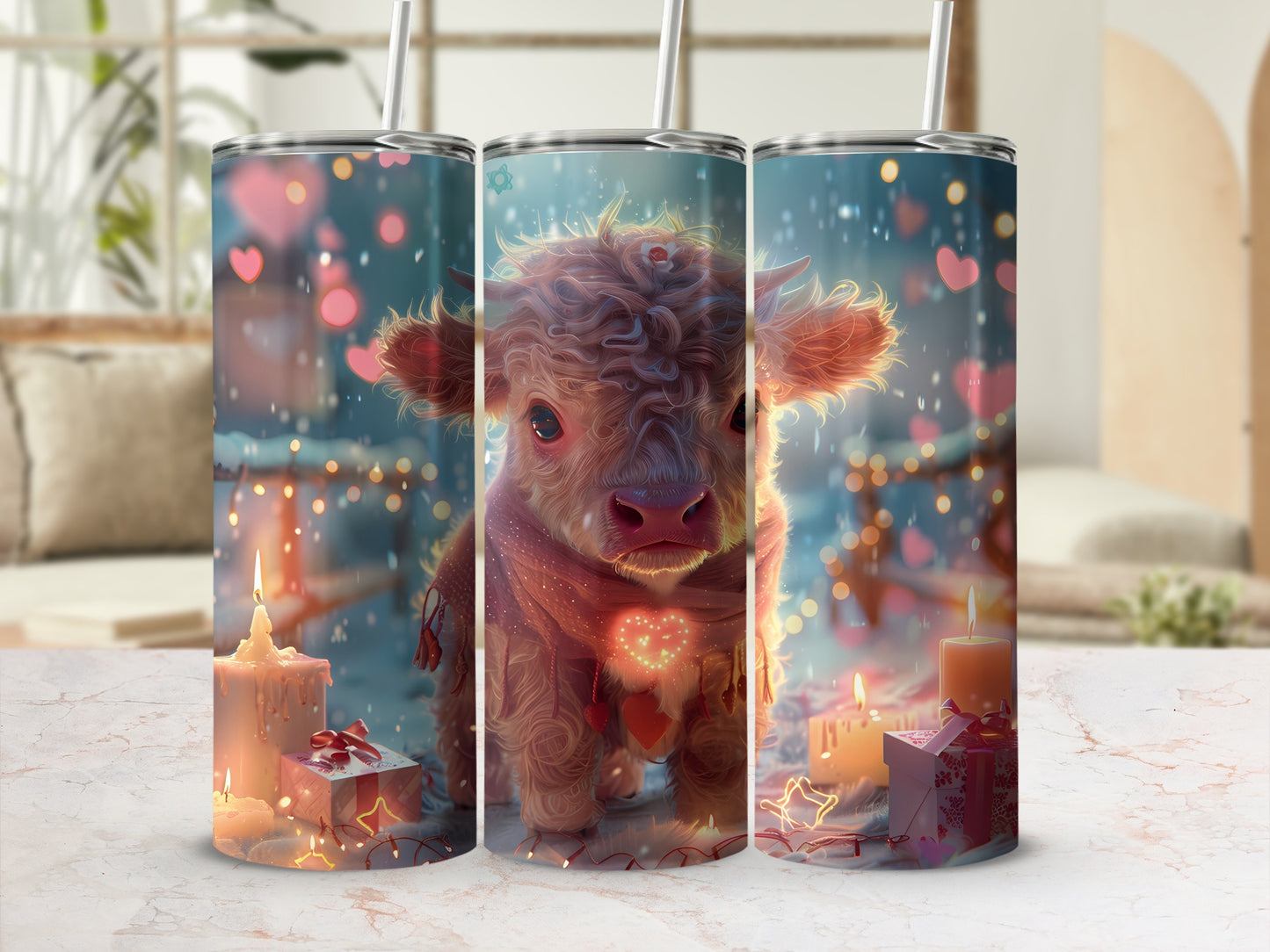 Cute baby cow wearing a heart scarf surrounded by candles and gifts.