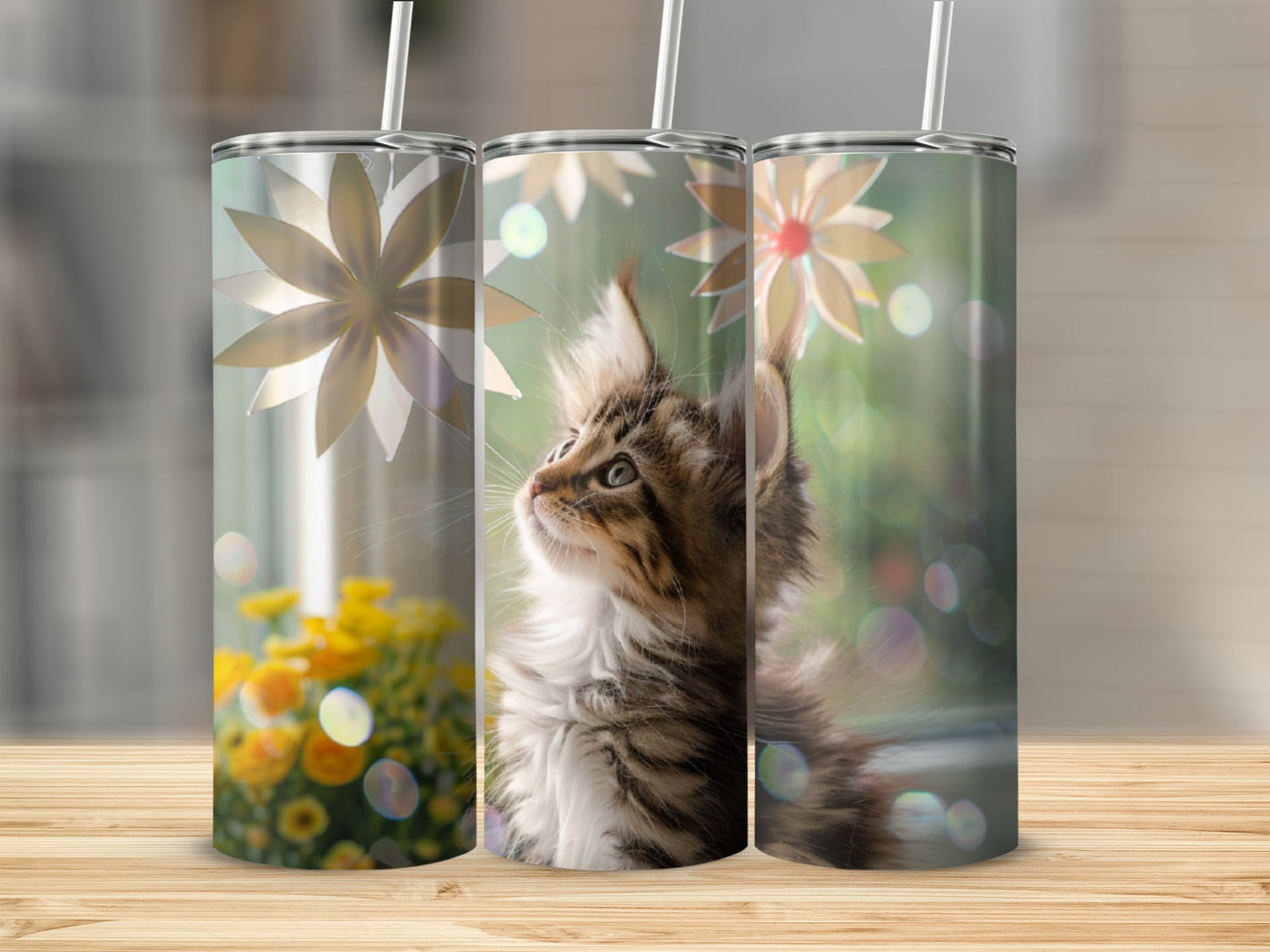 Three tumblers with a kitten gazing upwards, floral accents, and bokeh.