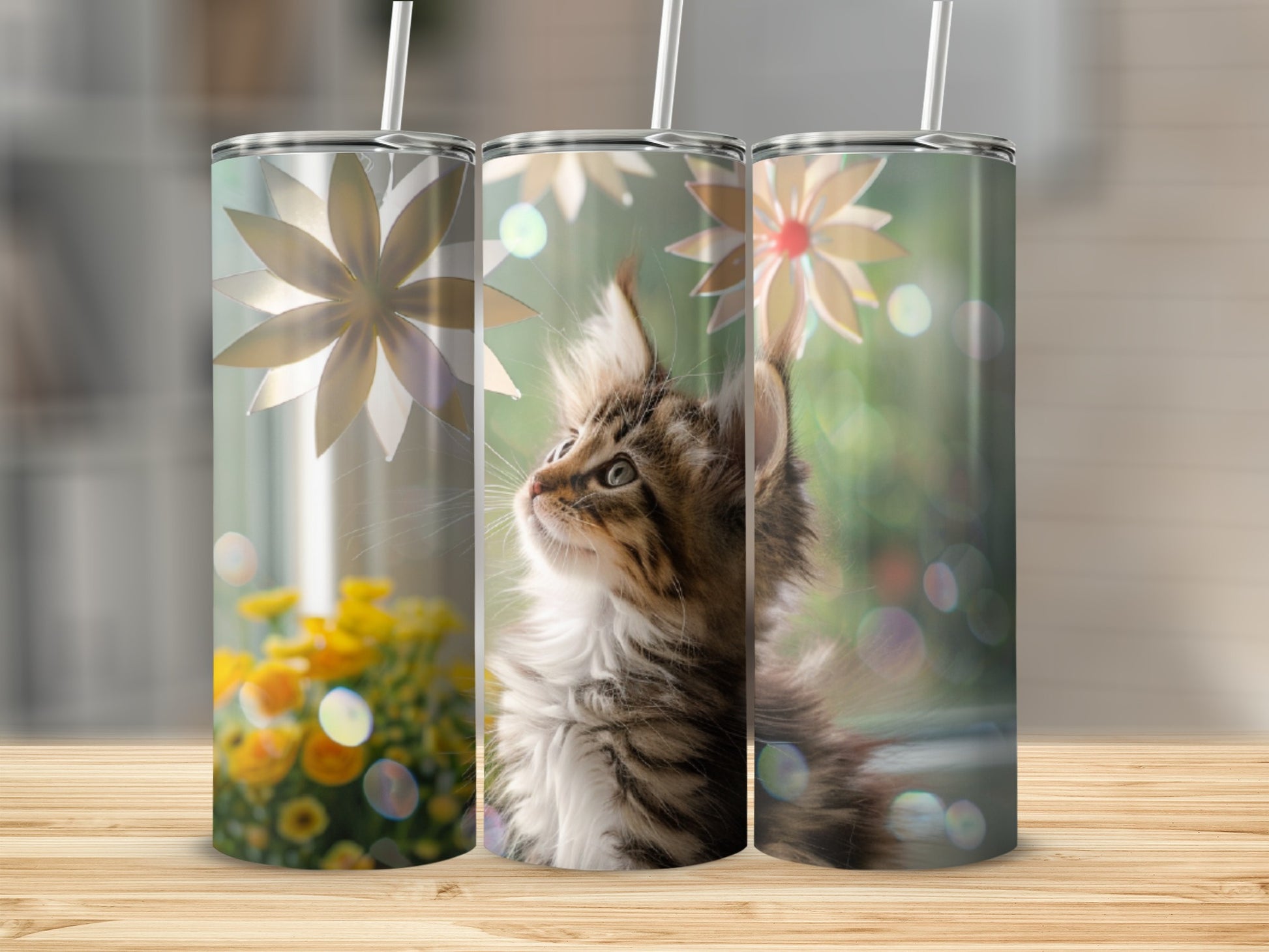 Three tumblers with a kitten gazing upwards, floral accents, and bokeh.