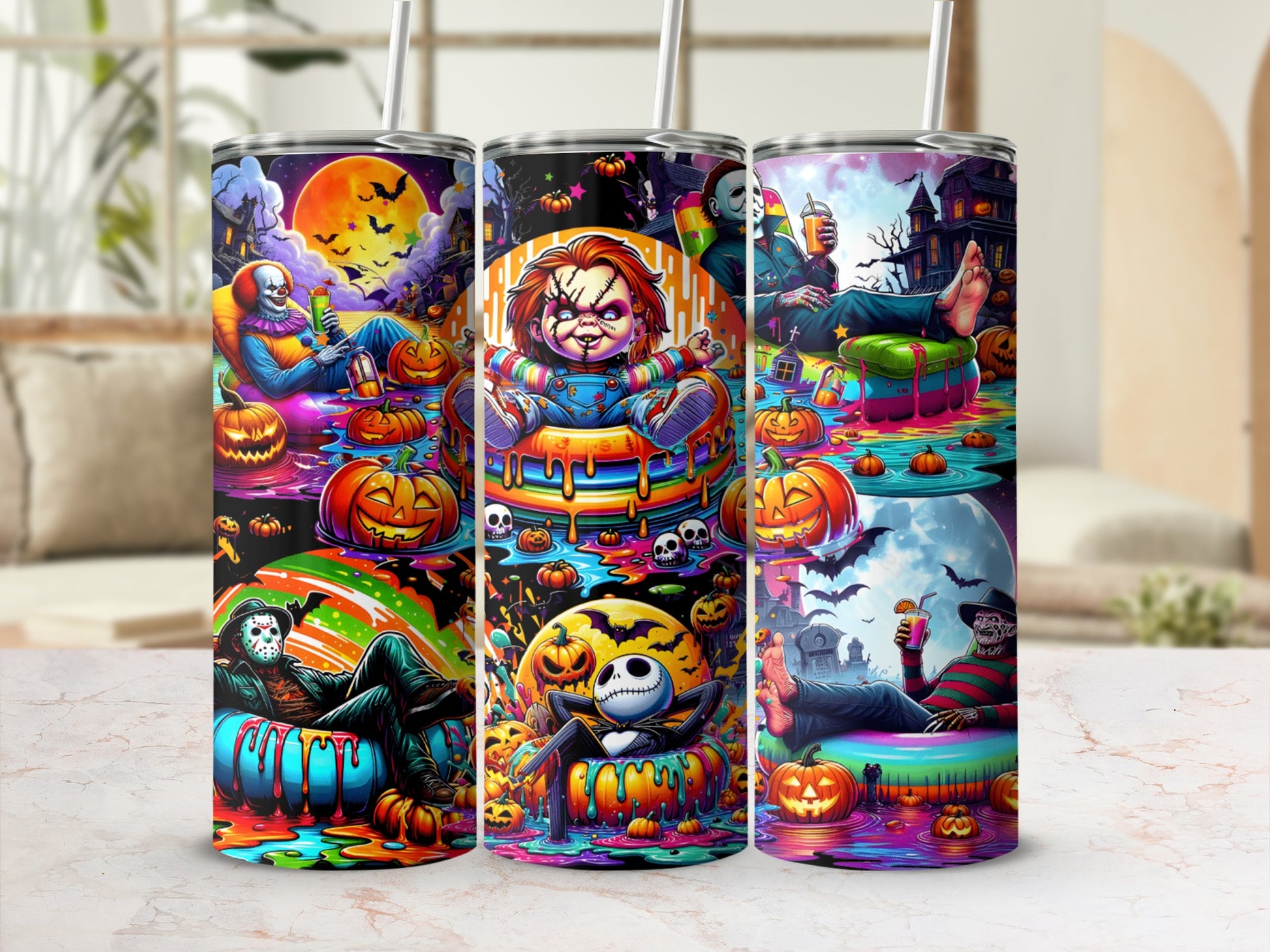 Three Halloween-themed tumblers featuring horror movie characters in spooky scenes.