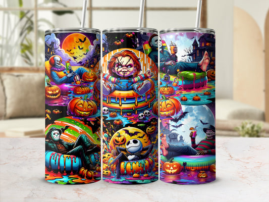 Three Halloween-themed tumblers featuring horror movie characters in spooky scenes.