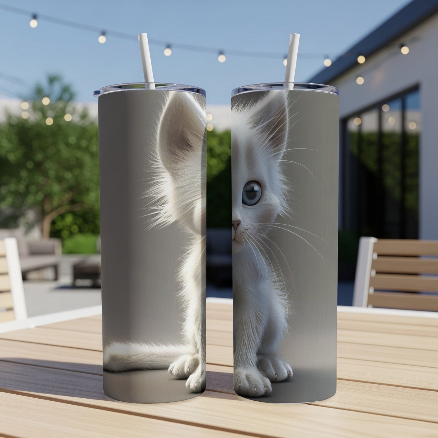 Two white kitten tumblers with straws, featuring a realistic kitten illustration.