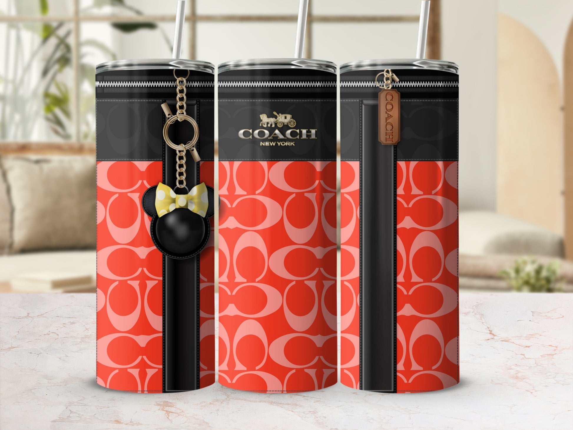 Designer Brand Red Pattern Tumbler with Charm