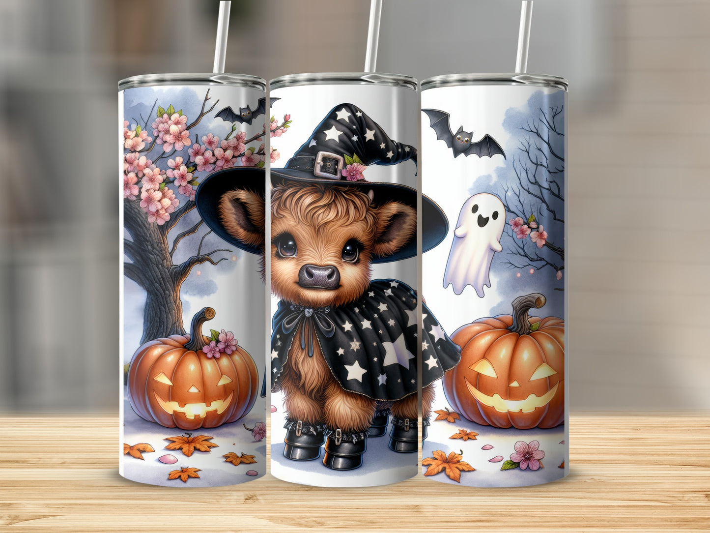 Cute calf in witch hat and star cape with pumpkins and ghosts.