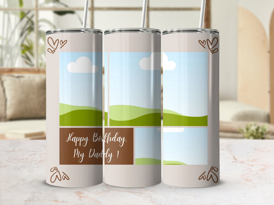 Three tumblers with cartoon landscape and "Happy Birthday, My Daddy!" text.