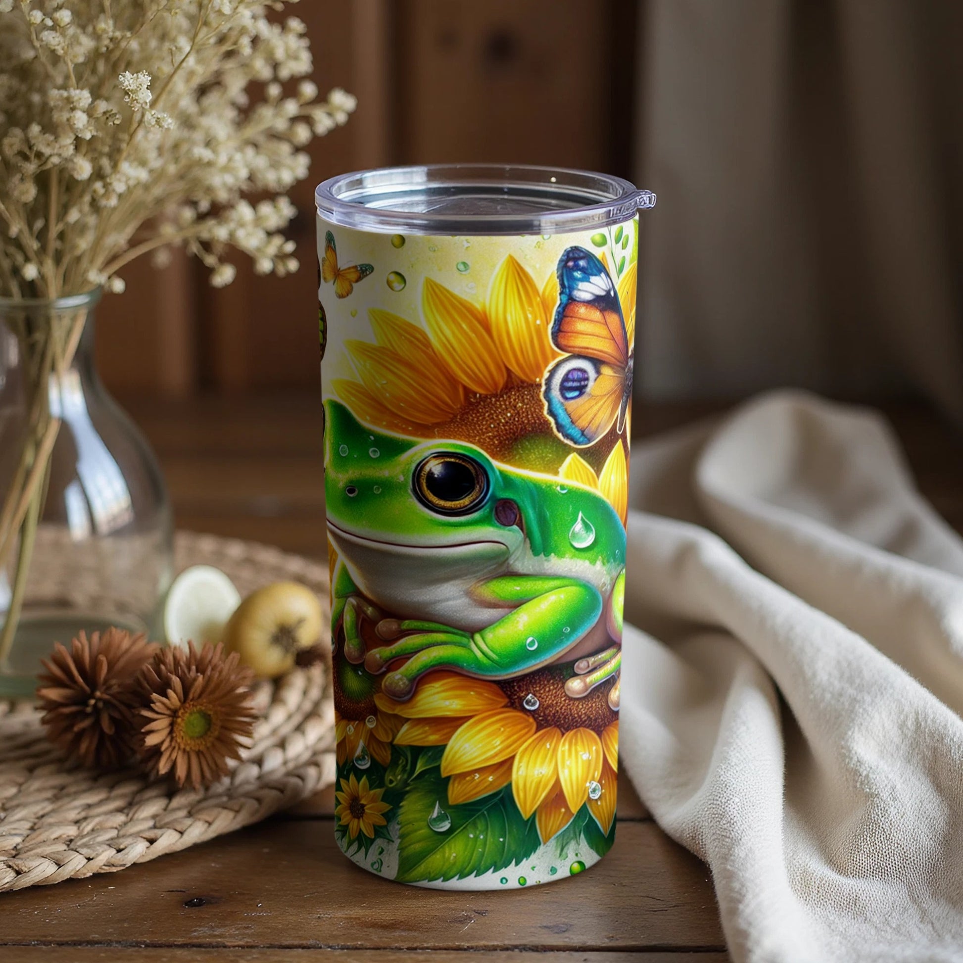 Vibrant Green Frog with Butterfly and Sunflowers Cup
