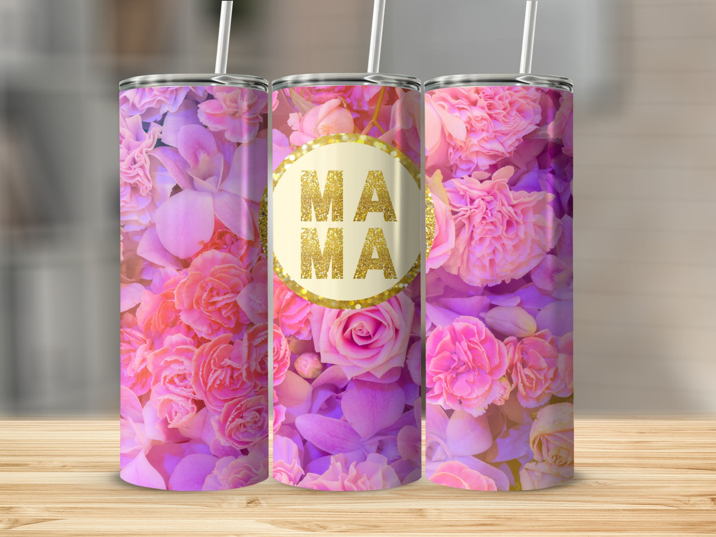 Pink and Purple Floral MOM Tumbler with Straw