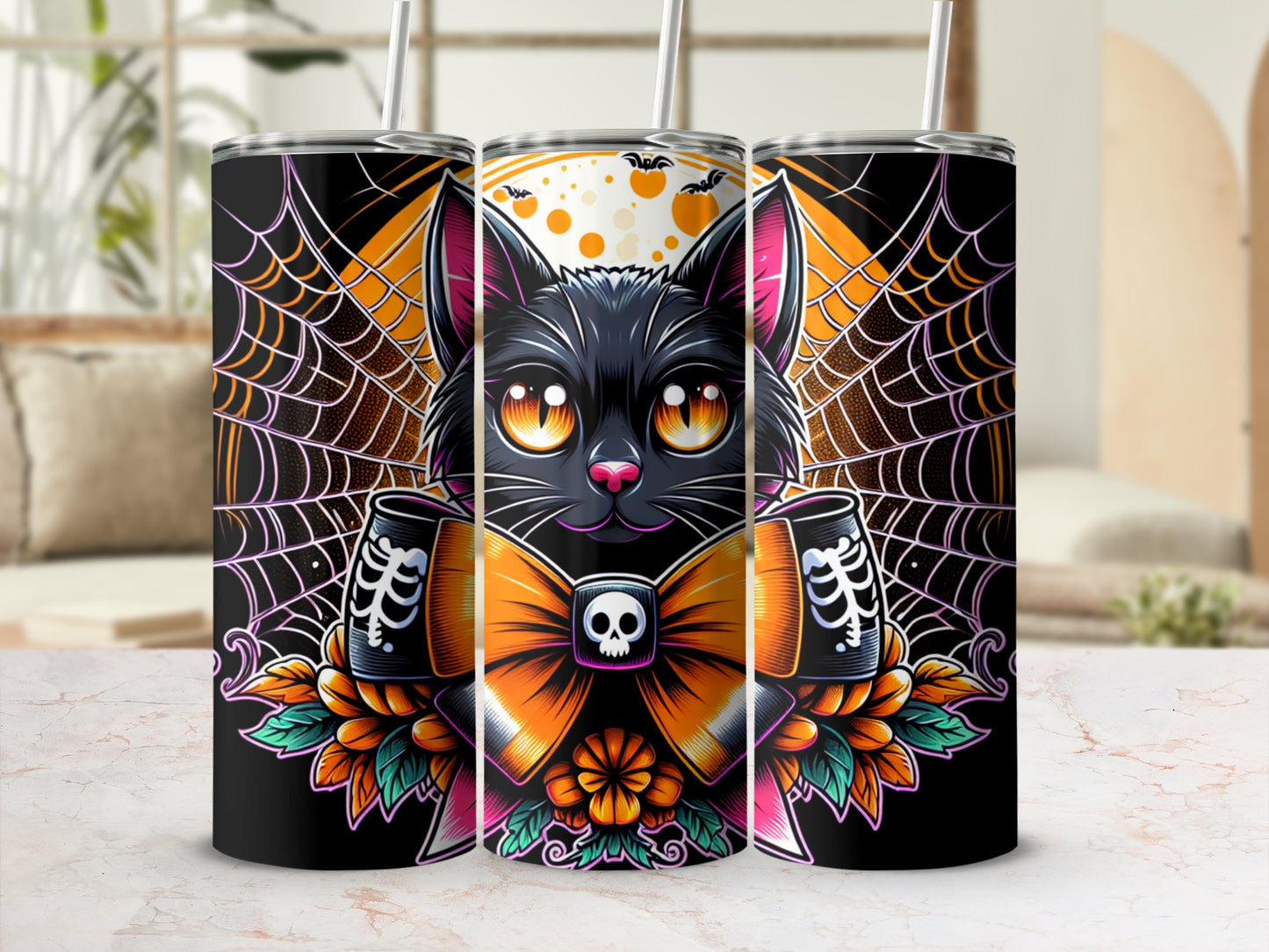 Halloween black cat with orange bow, skull, and spiderwebs on tumblers.