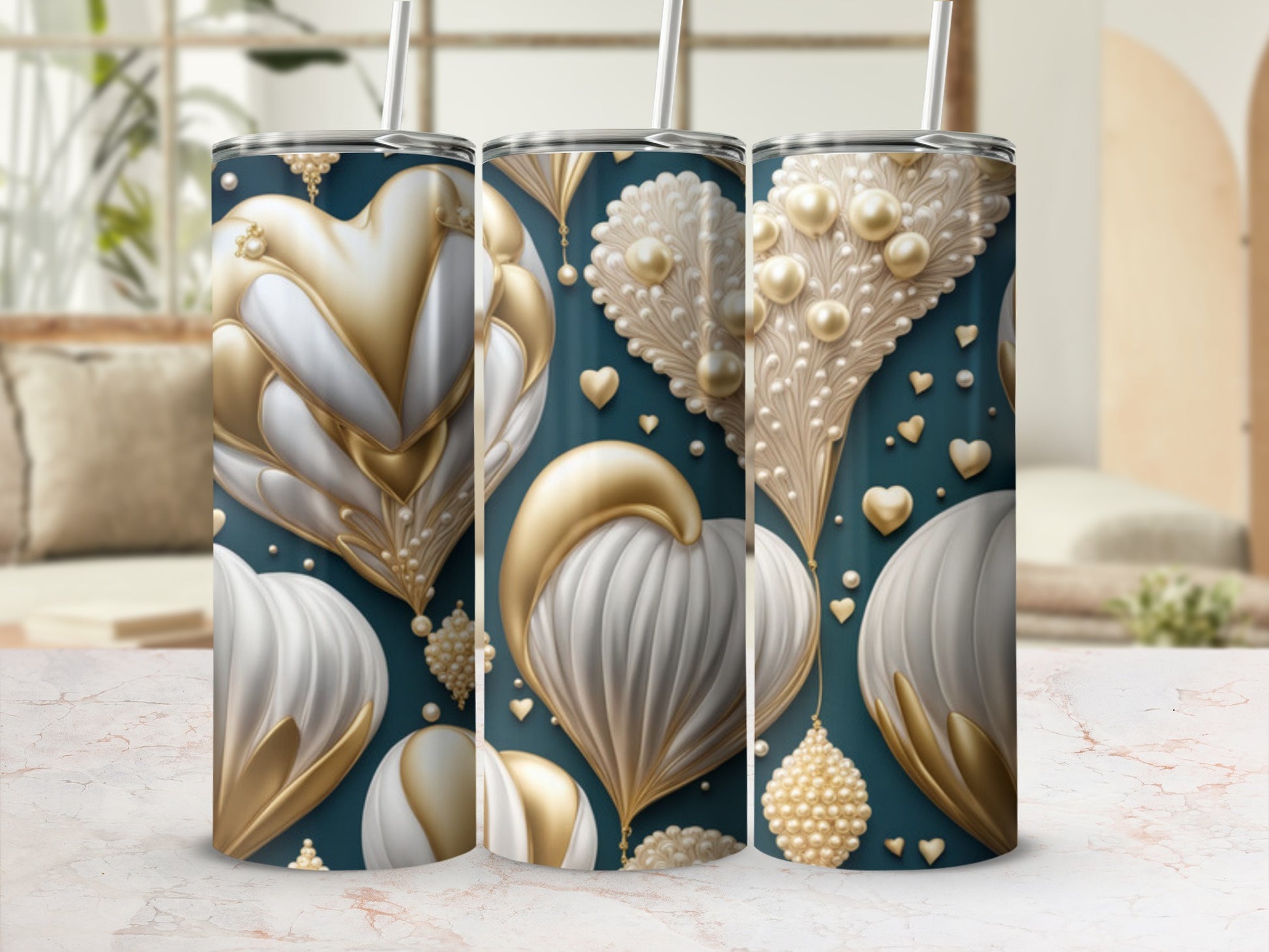 Three tumblers with ornate gold and white hearts on a teal background.