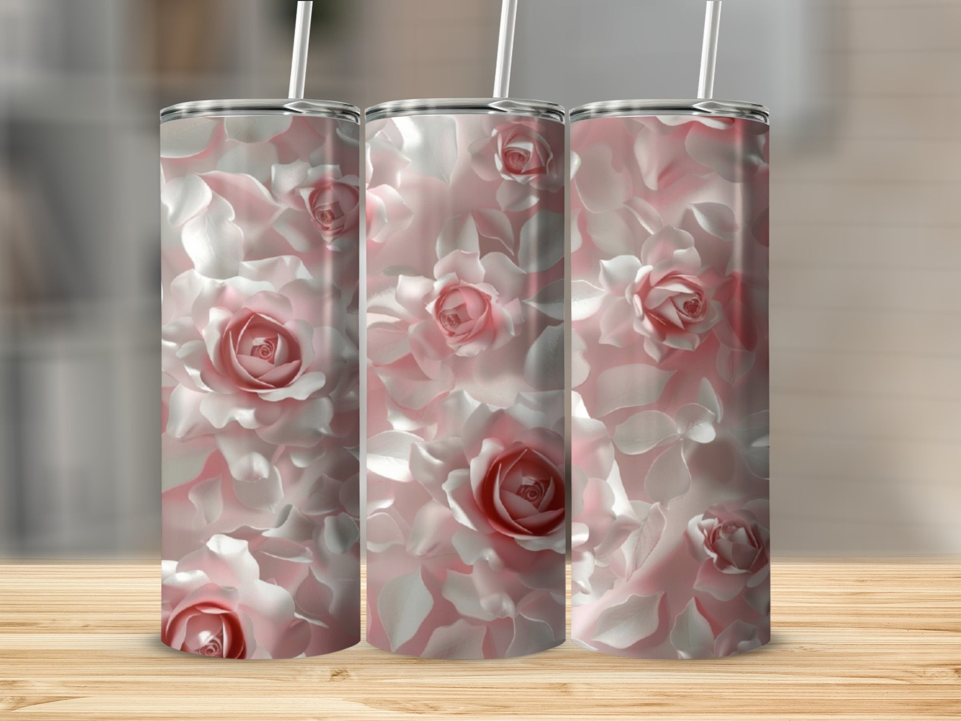 Three tumblers with a close-up pink rose floral pattern.