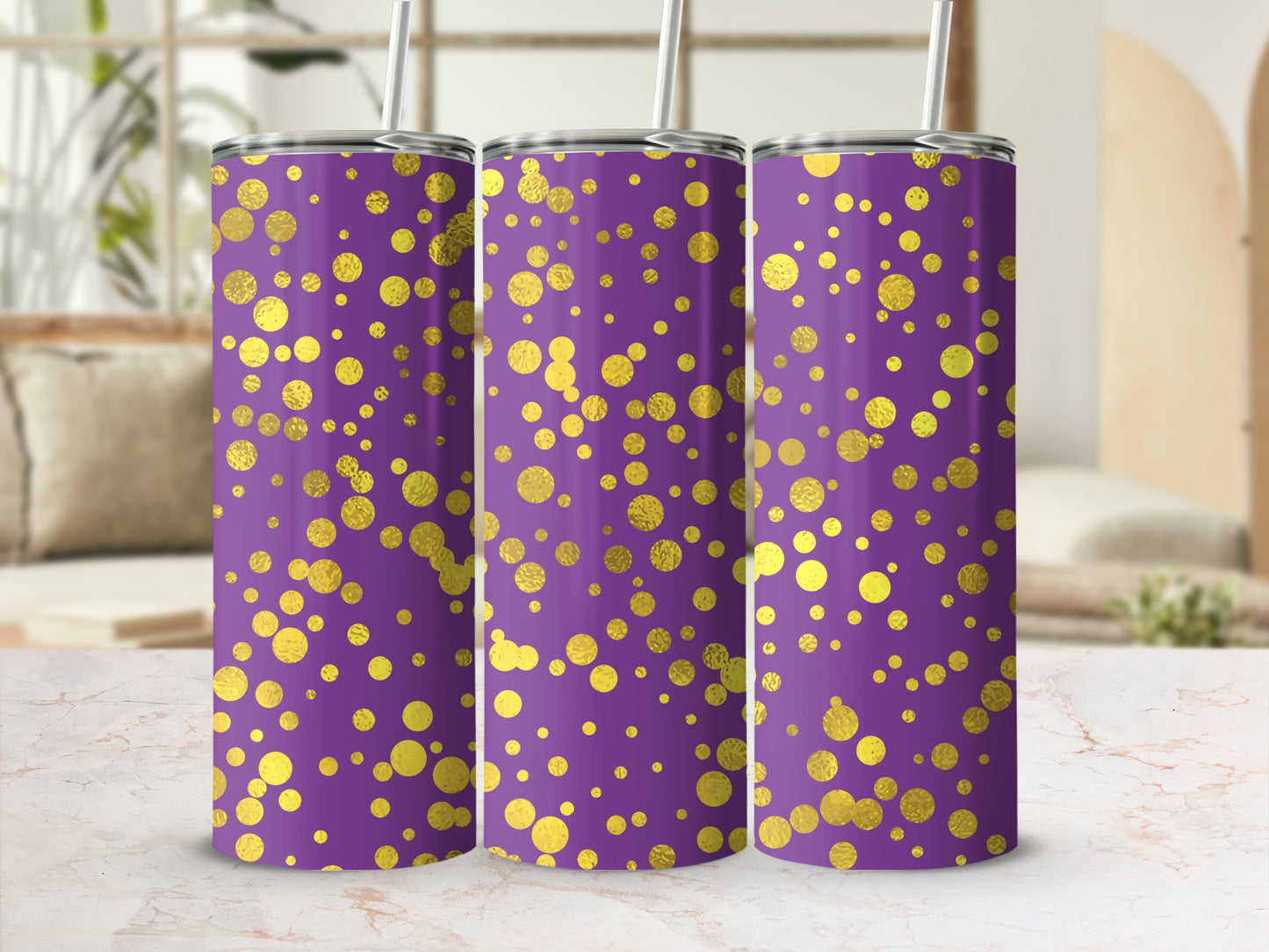 Three purple tumblers with a scattered gold glitter polka dot pattern.