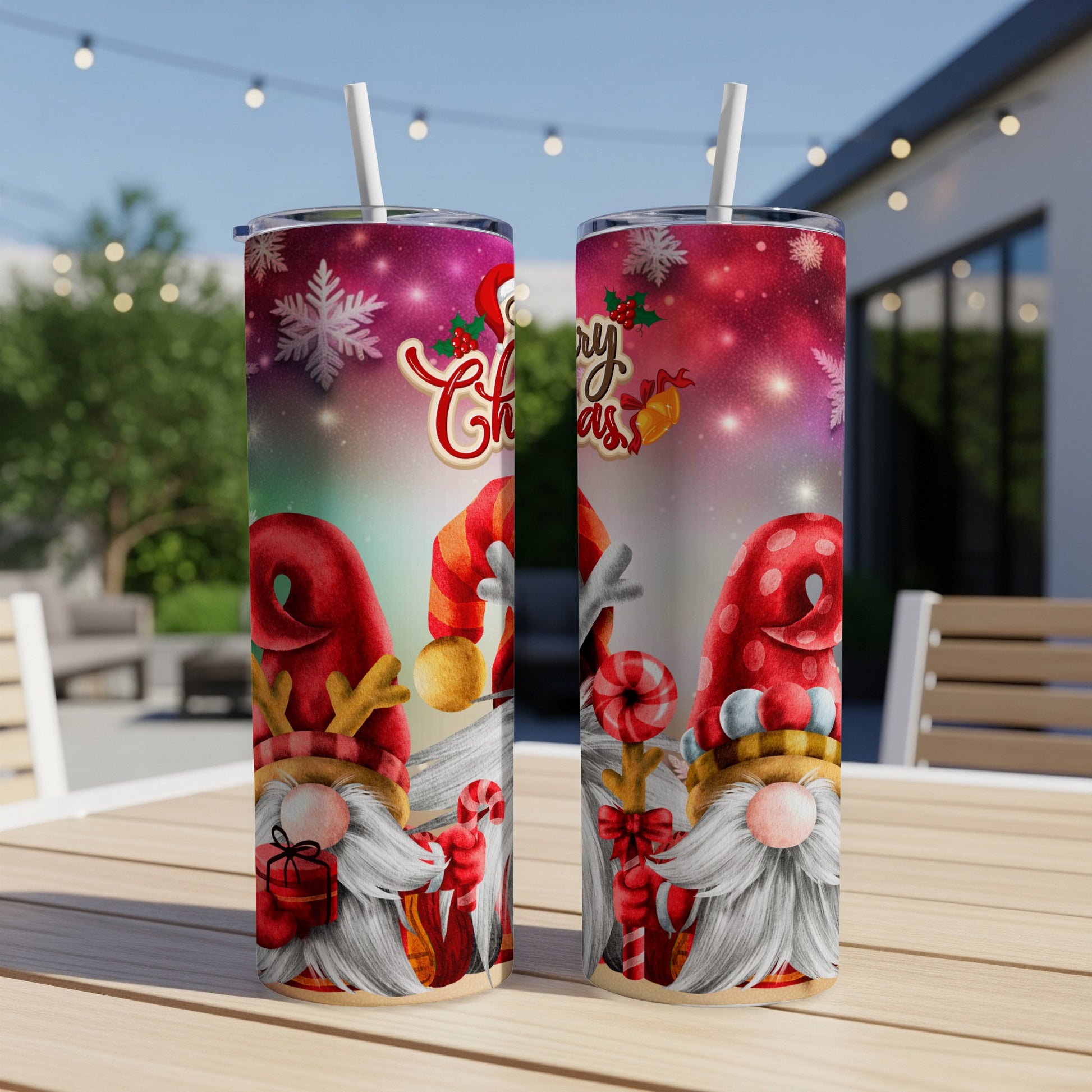 Christmas gnomes with candy canes on a decorated tumbler.