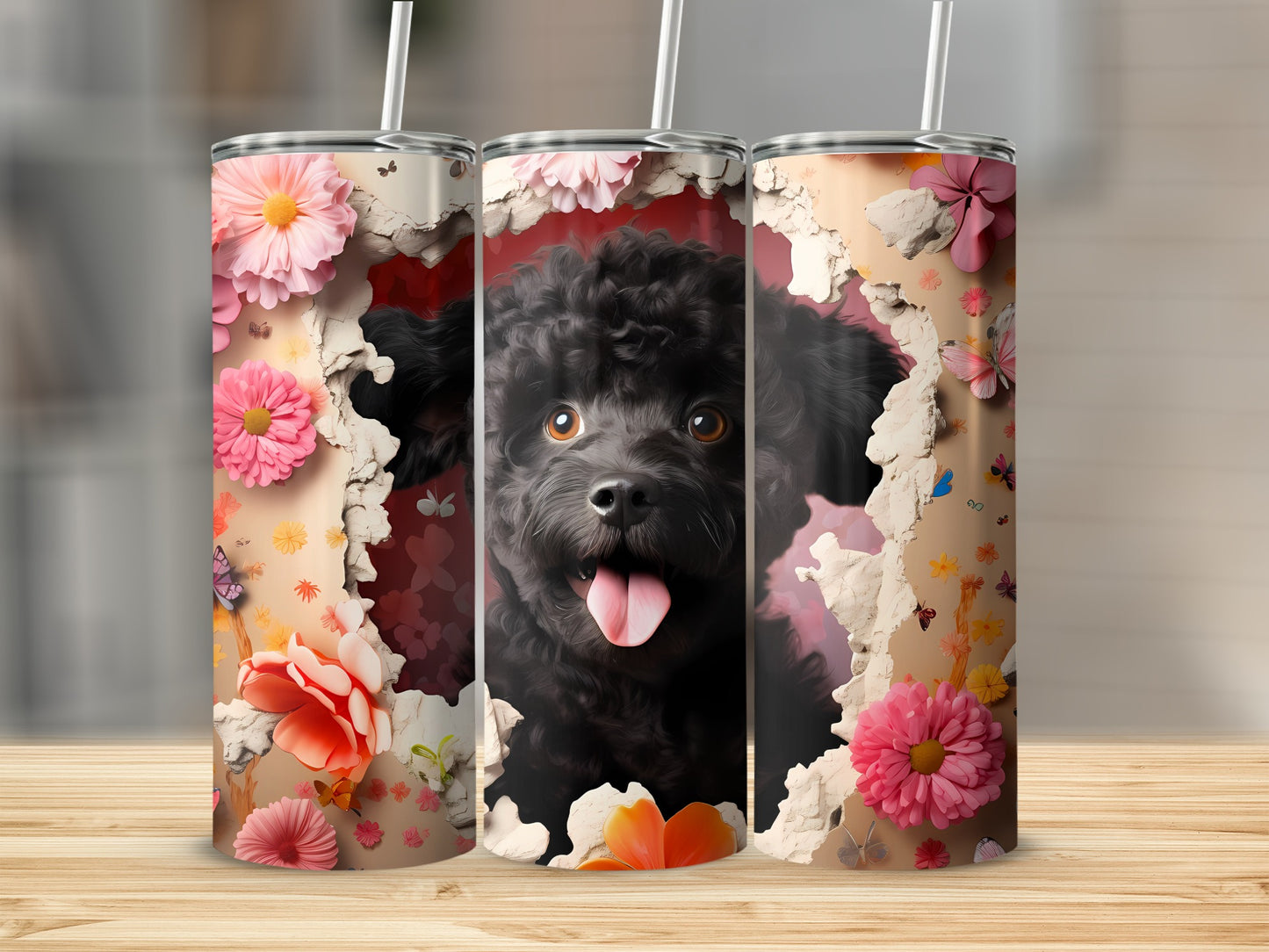Black Poodle Dog Peeking Flowers Butterflies Scene Tumbler product type